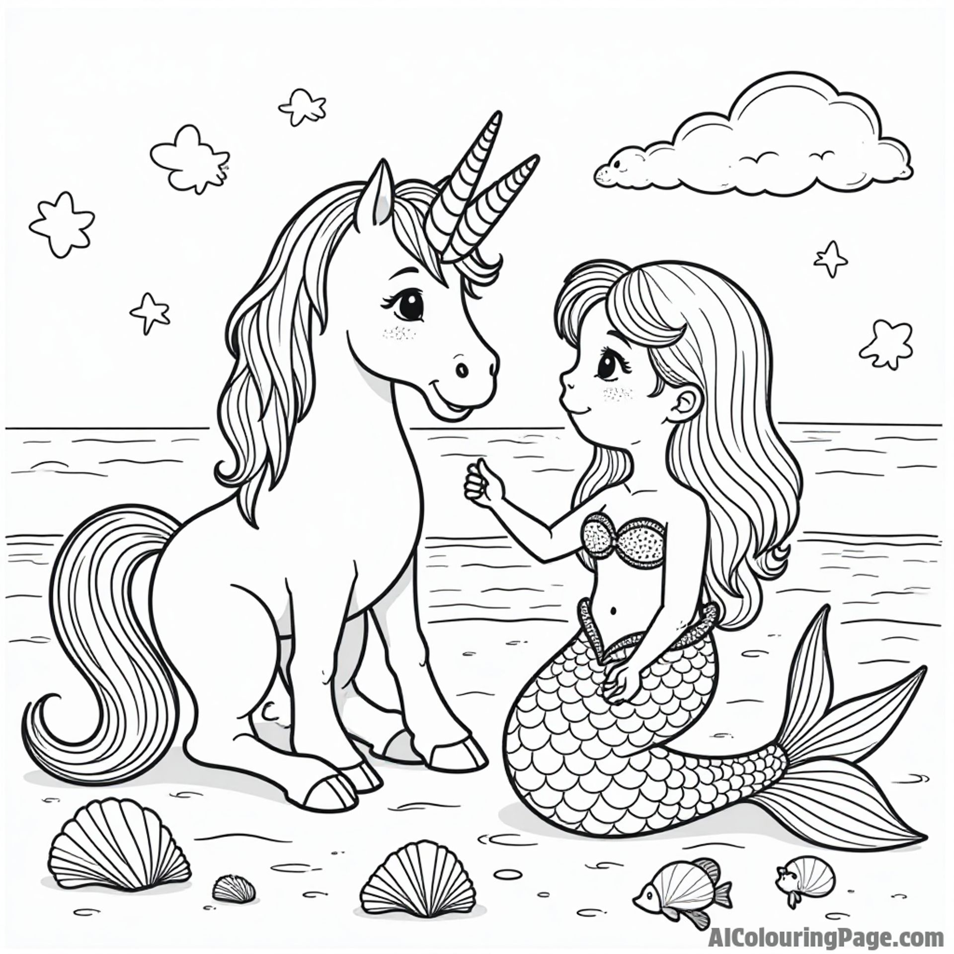 A unicorn and a mermaid playing together at the beach with seashells and colorful fish, encouraging imaginative coloring fun.