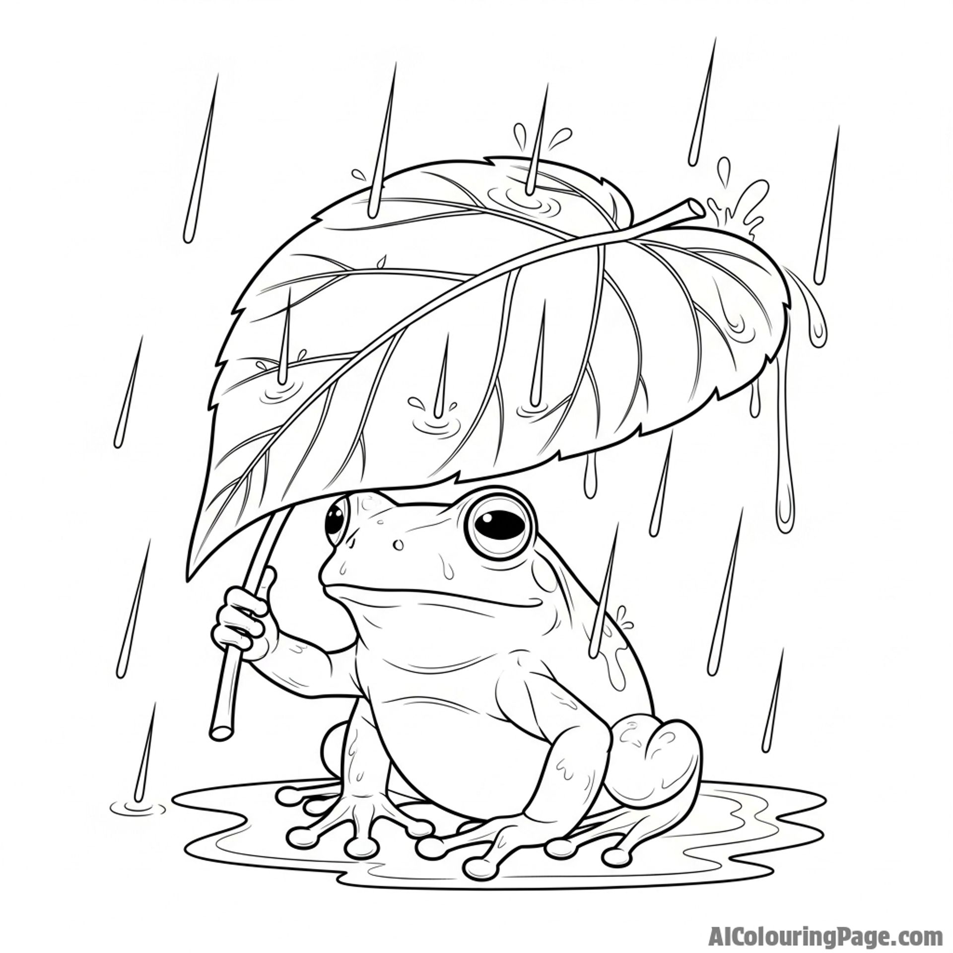 A frog using a leaf as an umbrella in the rain.