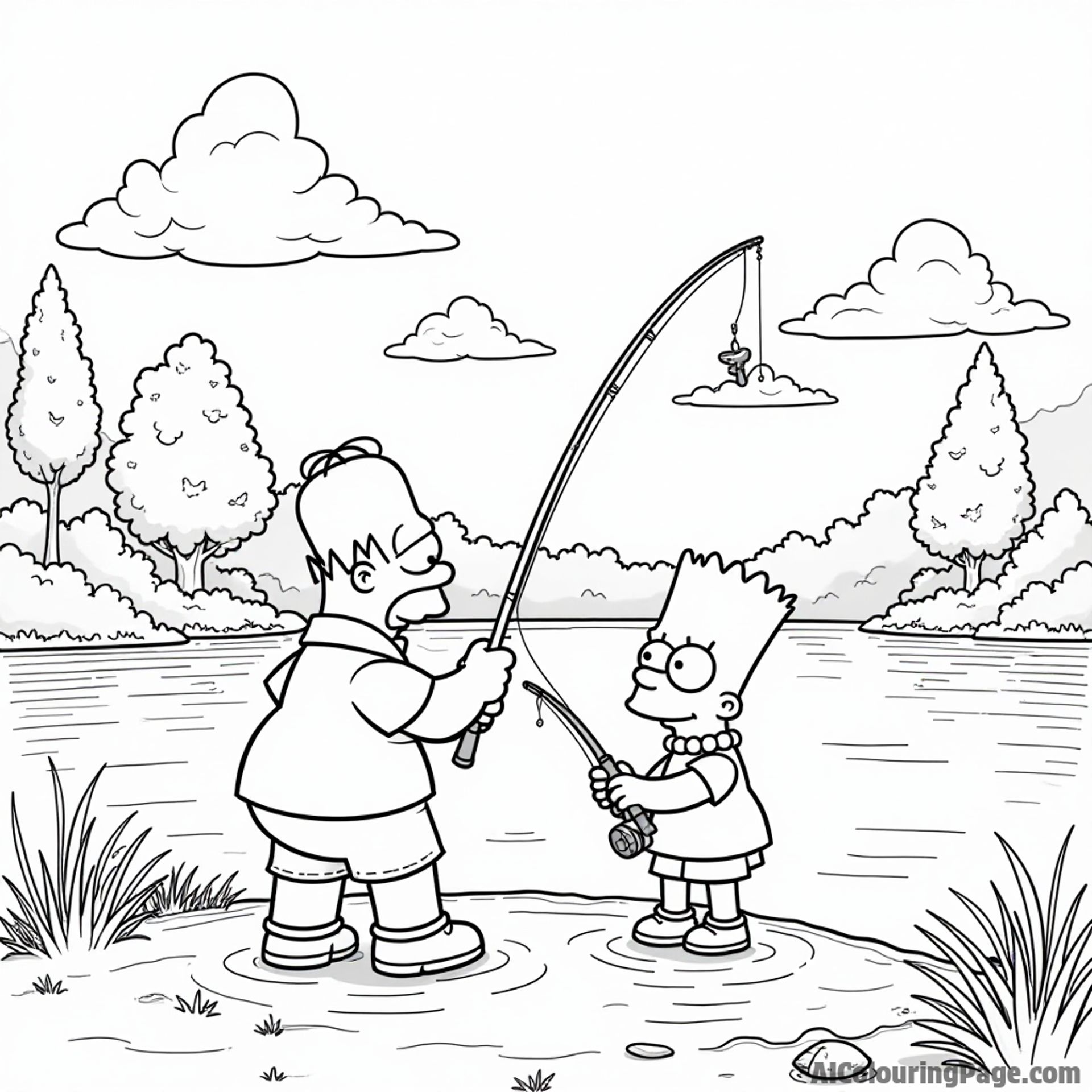 Homer and Bart fishing at a serene lake with fishing rods, surrounded by trees and the peaceful sounds of nature.