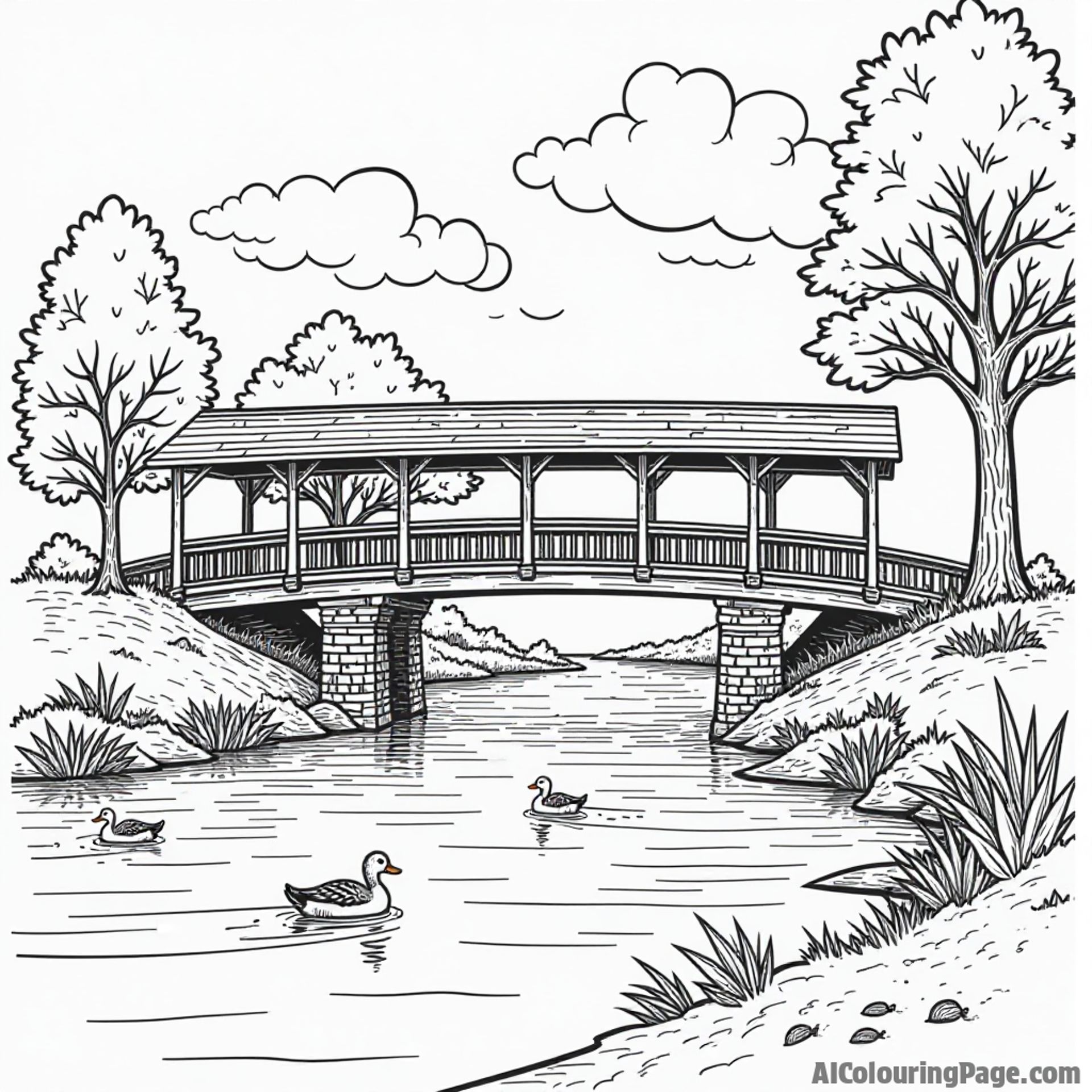 A picturesque covered bridge over a peaceful river with trees and ducks swimming, inviting creativity for young artists