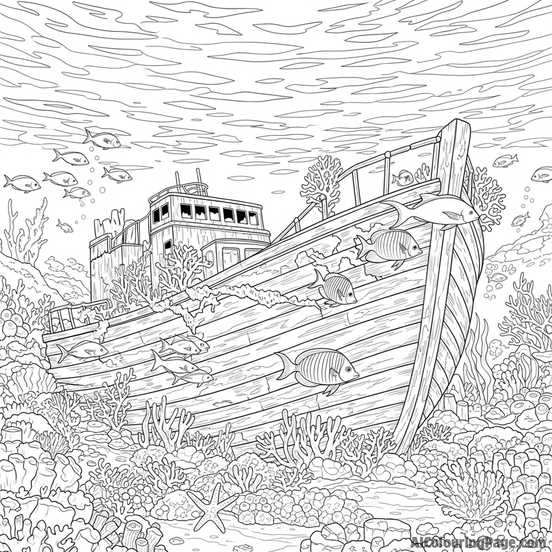 A shipwreck covered in coral and teeming with fish.