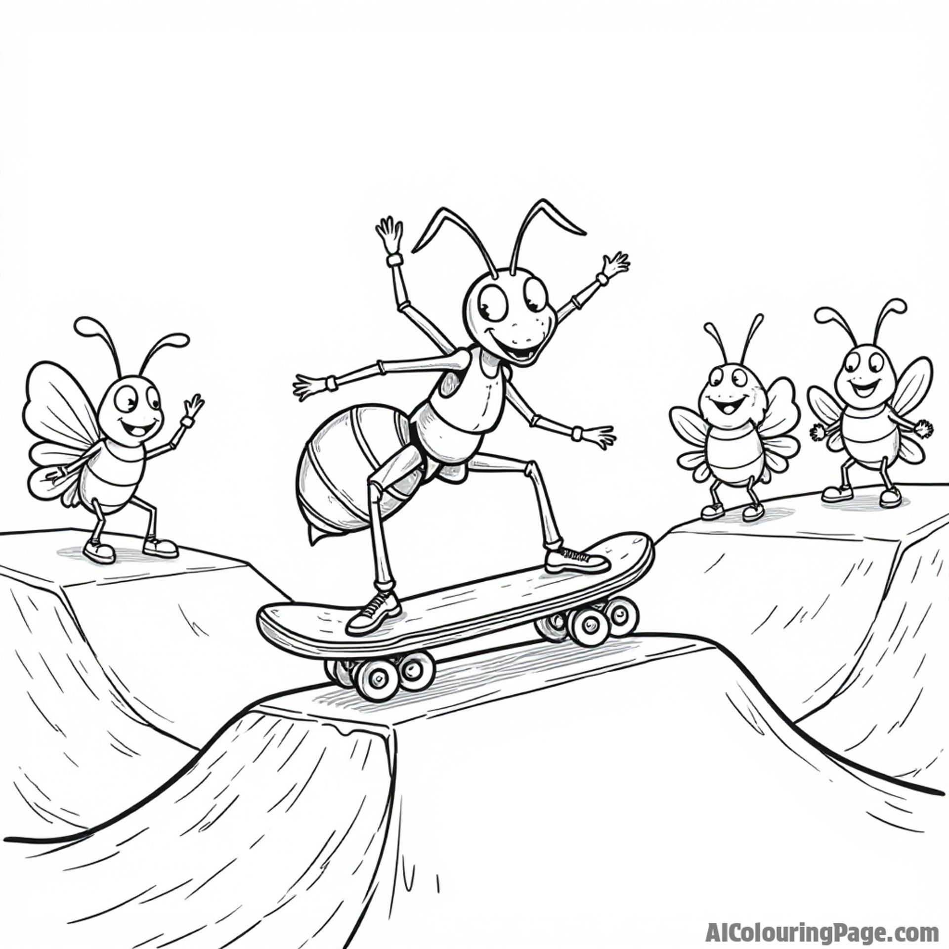 An ant riding a skateboard down a ramp with cheering bugs around, promoting sportsmanship and creativity for kids.