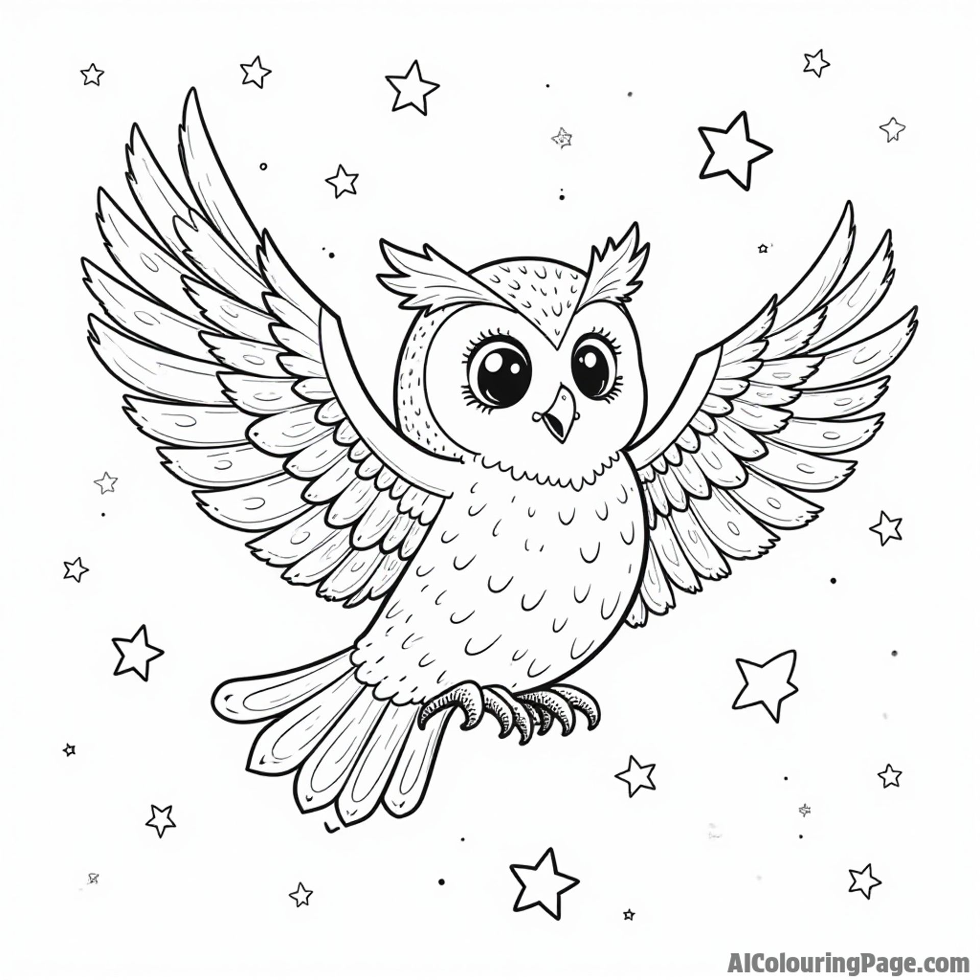 A magical owl flying through the night sky, with stars twinkling around it, inviting children to color their own adventures.