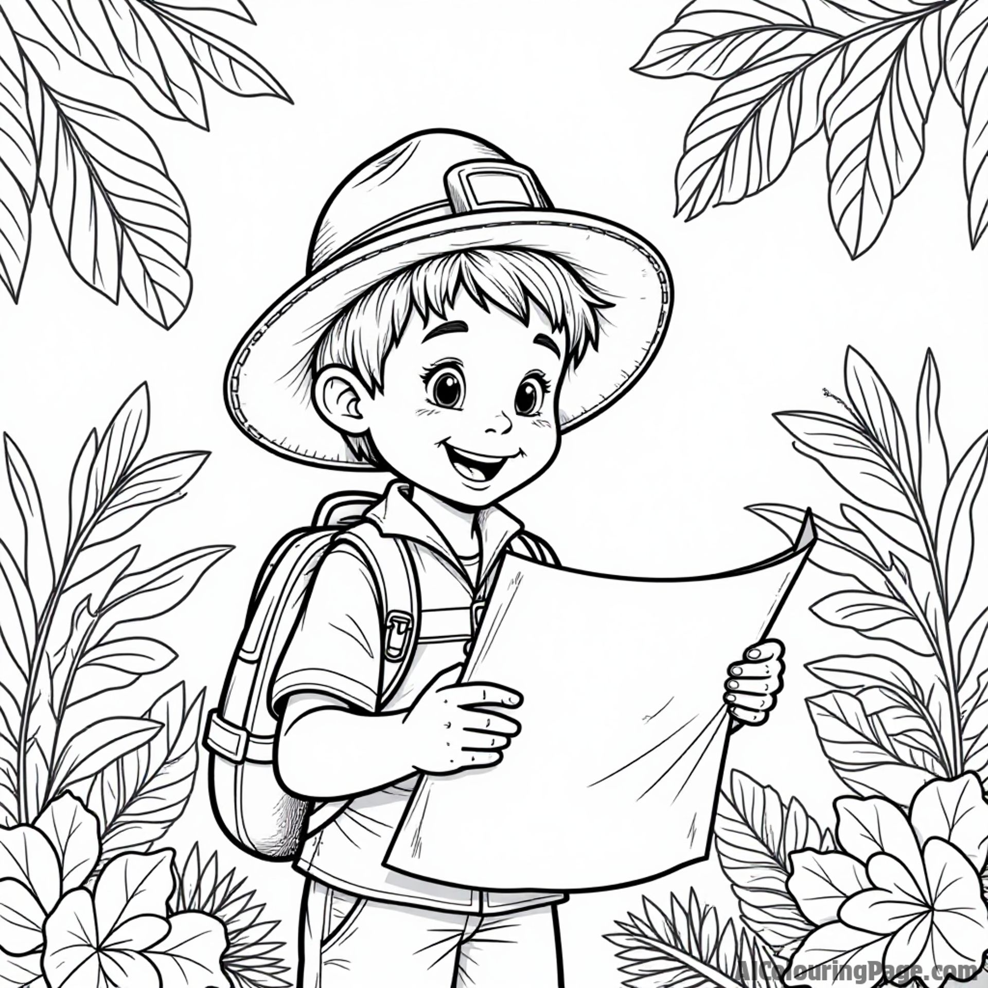 A cheerful young explorer wearing a large explorer hat, examining a treasure map, surrounded by exotic plants and colorful butterflies in a jungle setting for an adventurous coloring page.