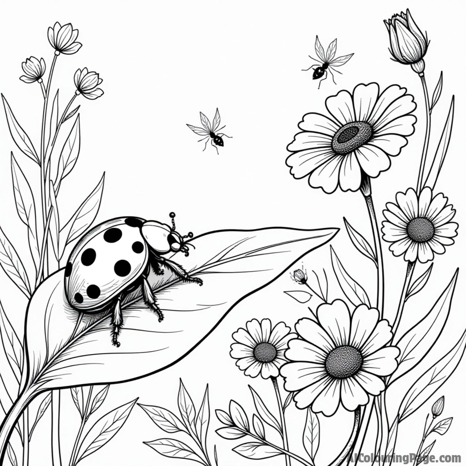 A ladybug sitting on a leaf while watching a busy ant parade marching by, with flowers blooming everywhere around.