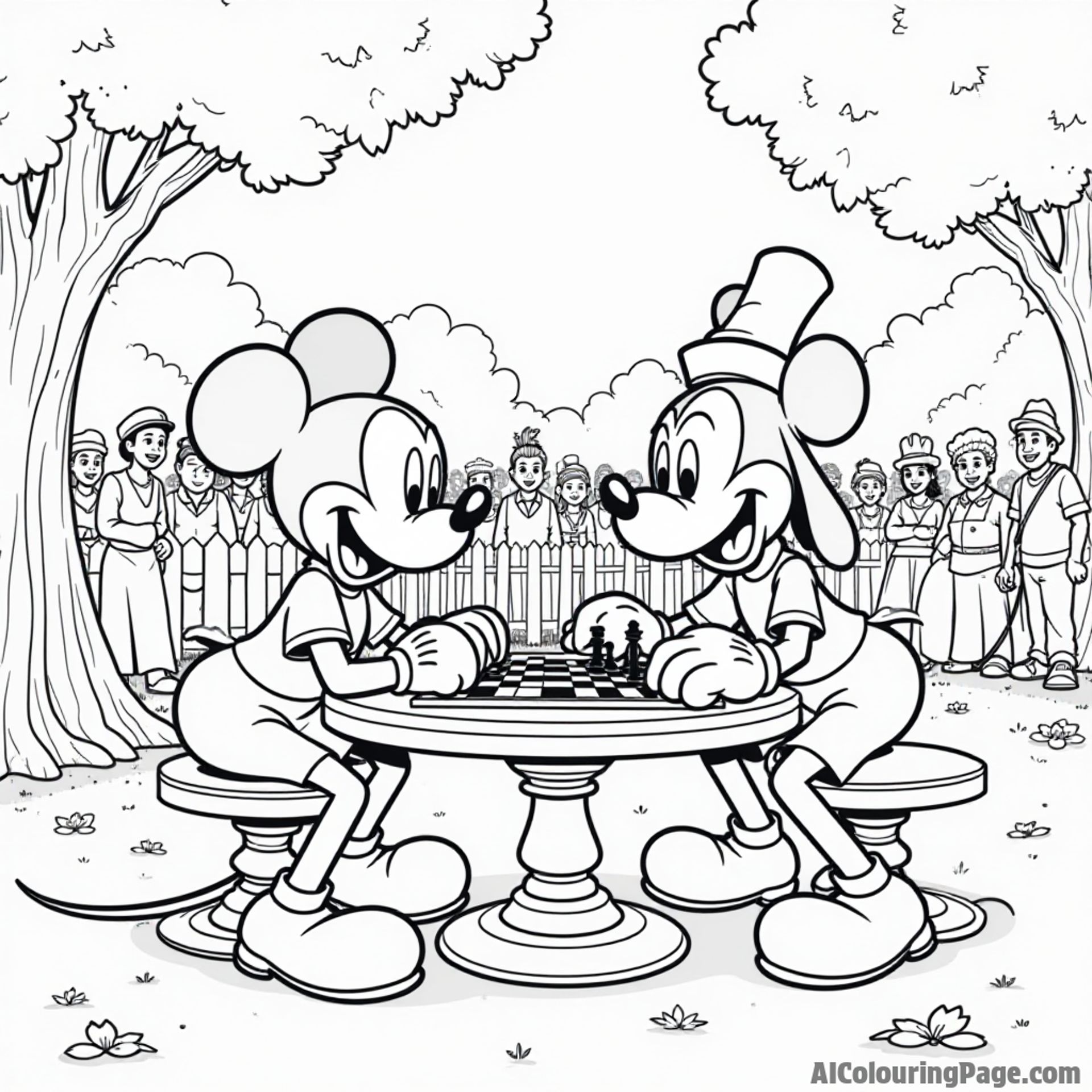 Mickey Mouse and Goofy playing chess at a park table, with a friendly crowd watching their game.