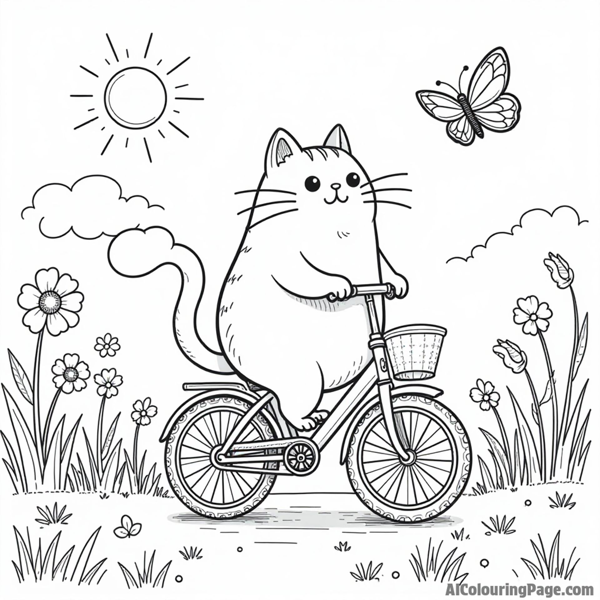Pusheen riding a bicycle through a flower-filled meadow with butterflies flying around enjoying a sunny day