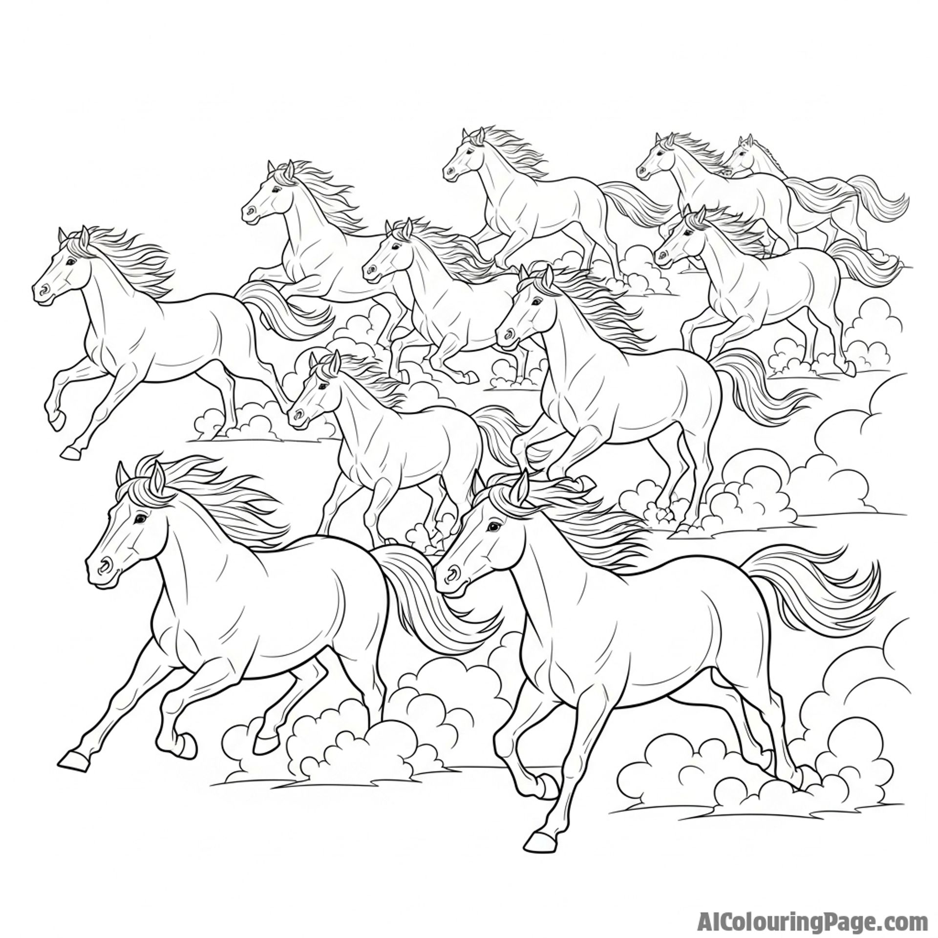 A herd of wild horses galloping across a dusty plain, kicking up clouds of earth