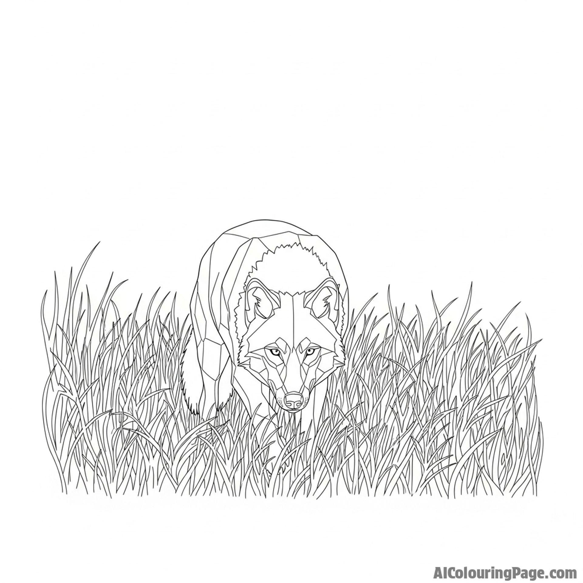 A low-profile shot of a wolf stalking prey through tall, dry grass, muscles tensed.