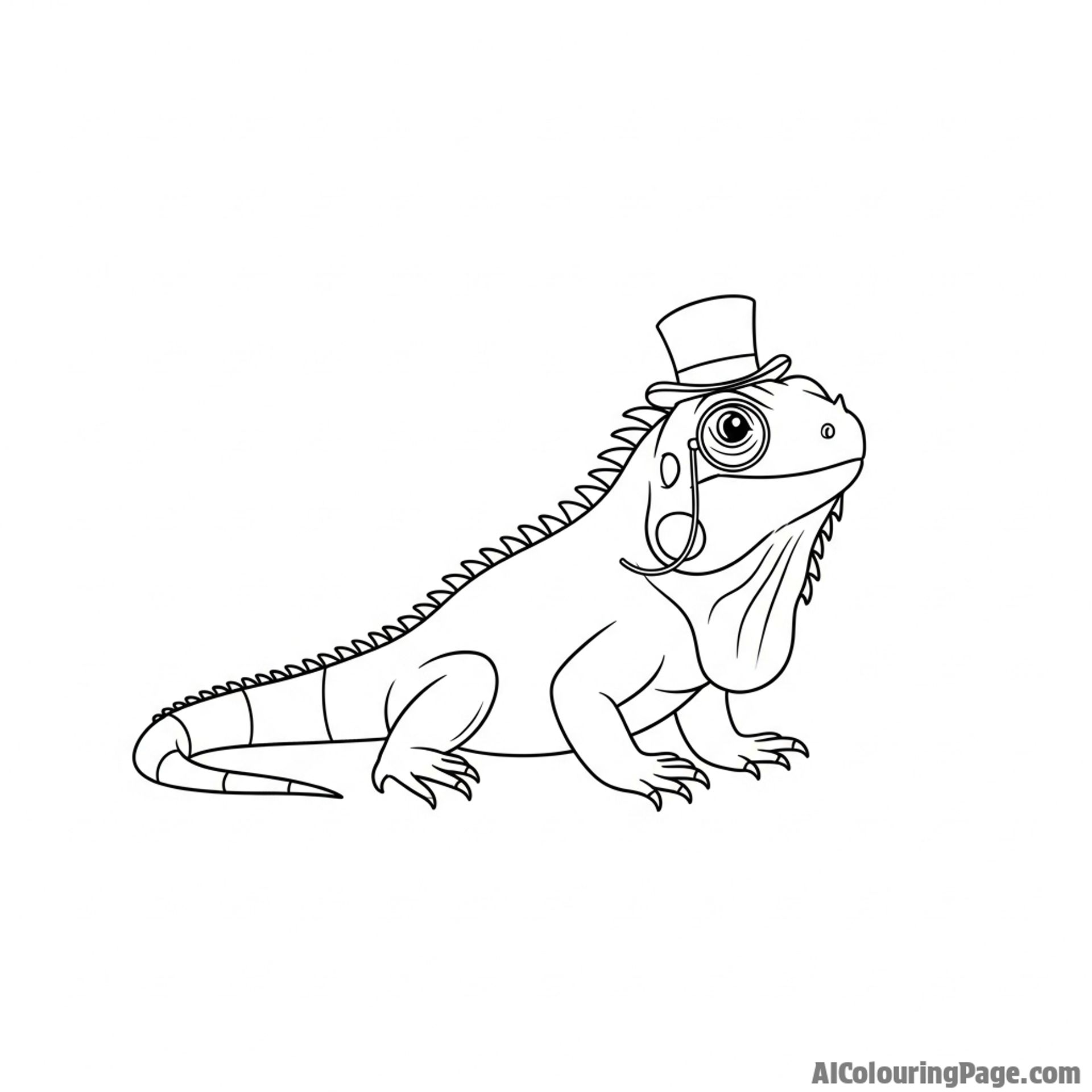 A whimsical illustration of an iguana wearing a tiny top hat and monocle.