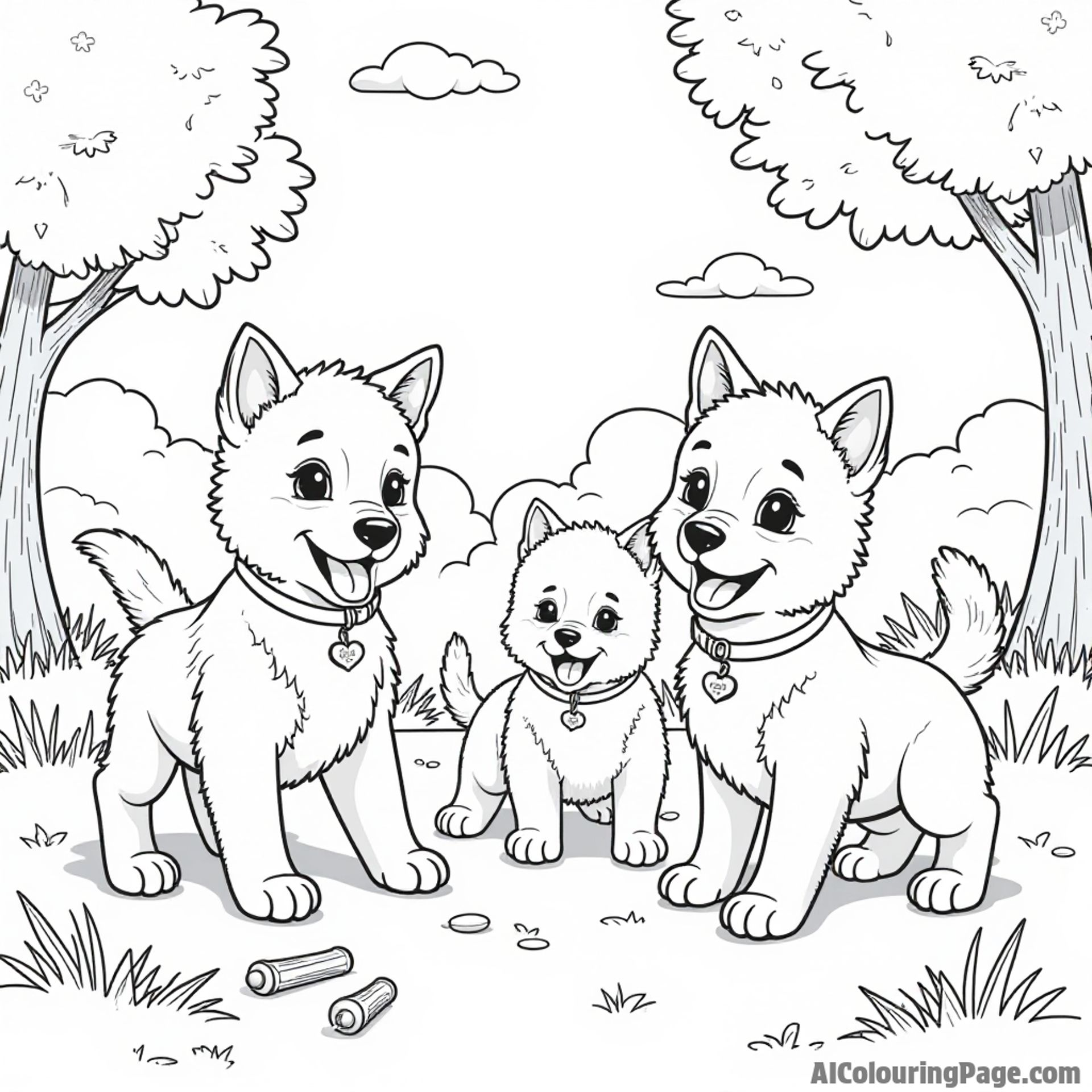 Tails playing with a group of adorable puppies in a sunny park, with toys scattered around and wagging tails everywhere.