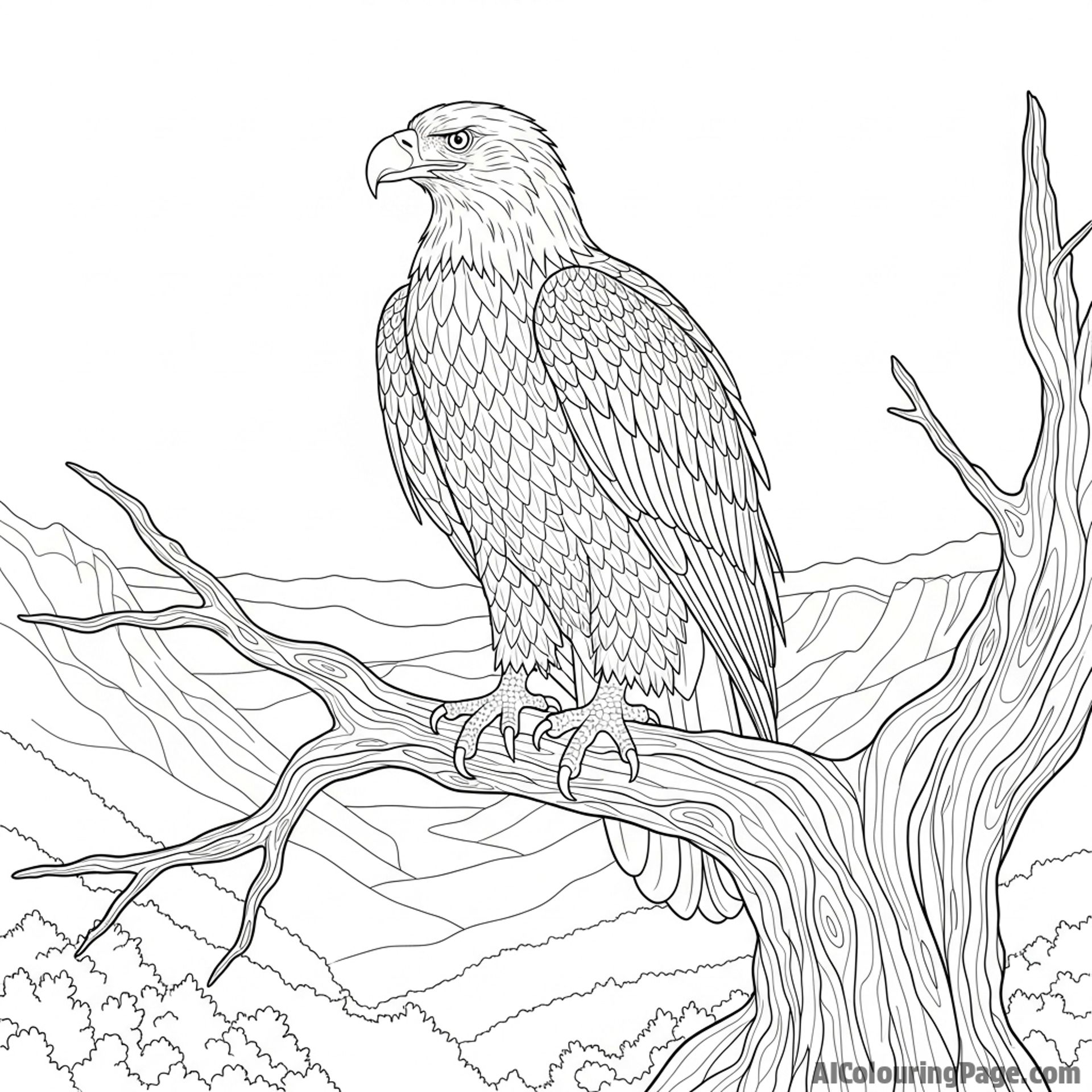 Eagle perched on a weathered tree branch, overlooking a vast valley.
