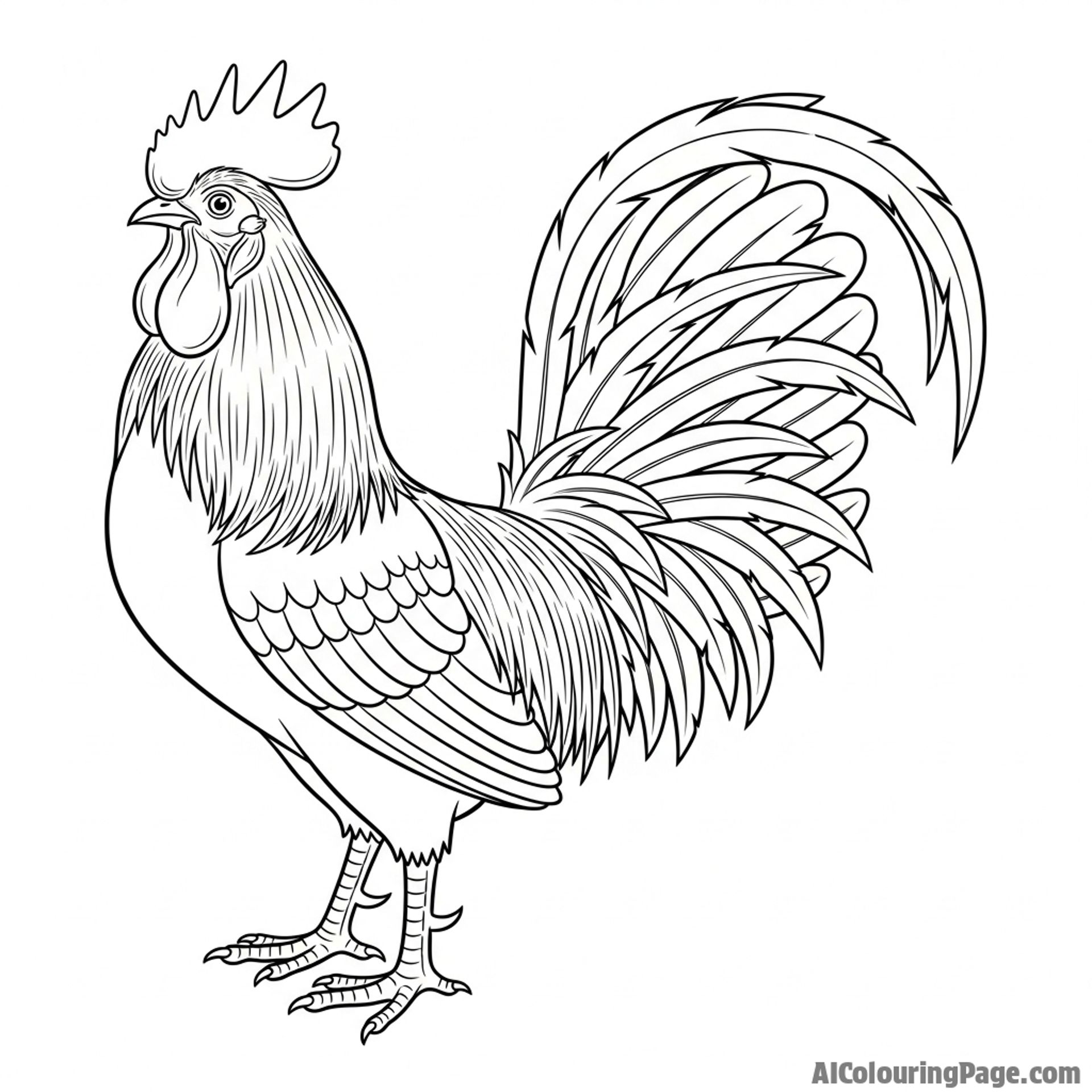 A woodblock print of a rooster in a traditional Japanese style.