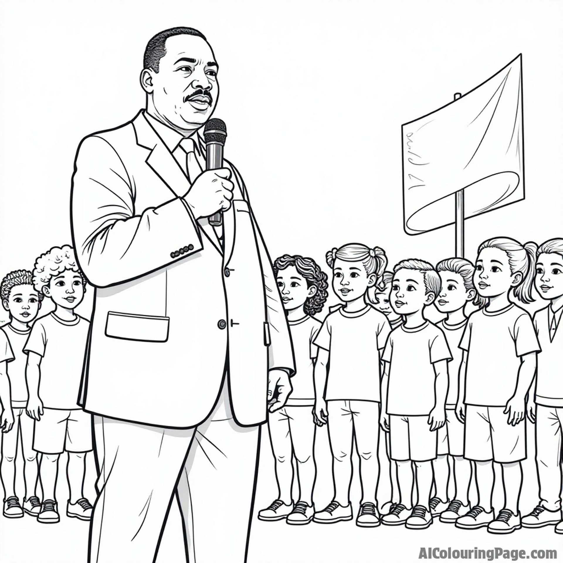Martin Luther King Jr. standing confidently with a microphone, a diverse group of children listening intently, and a peaceful protest sign in the background, all outlined for coloring fun.