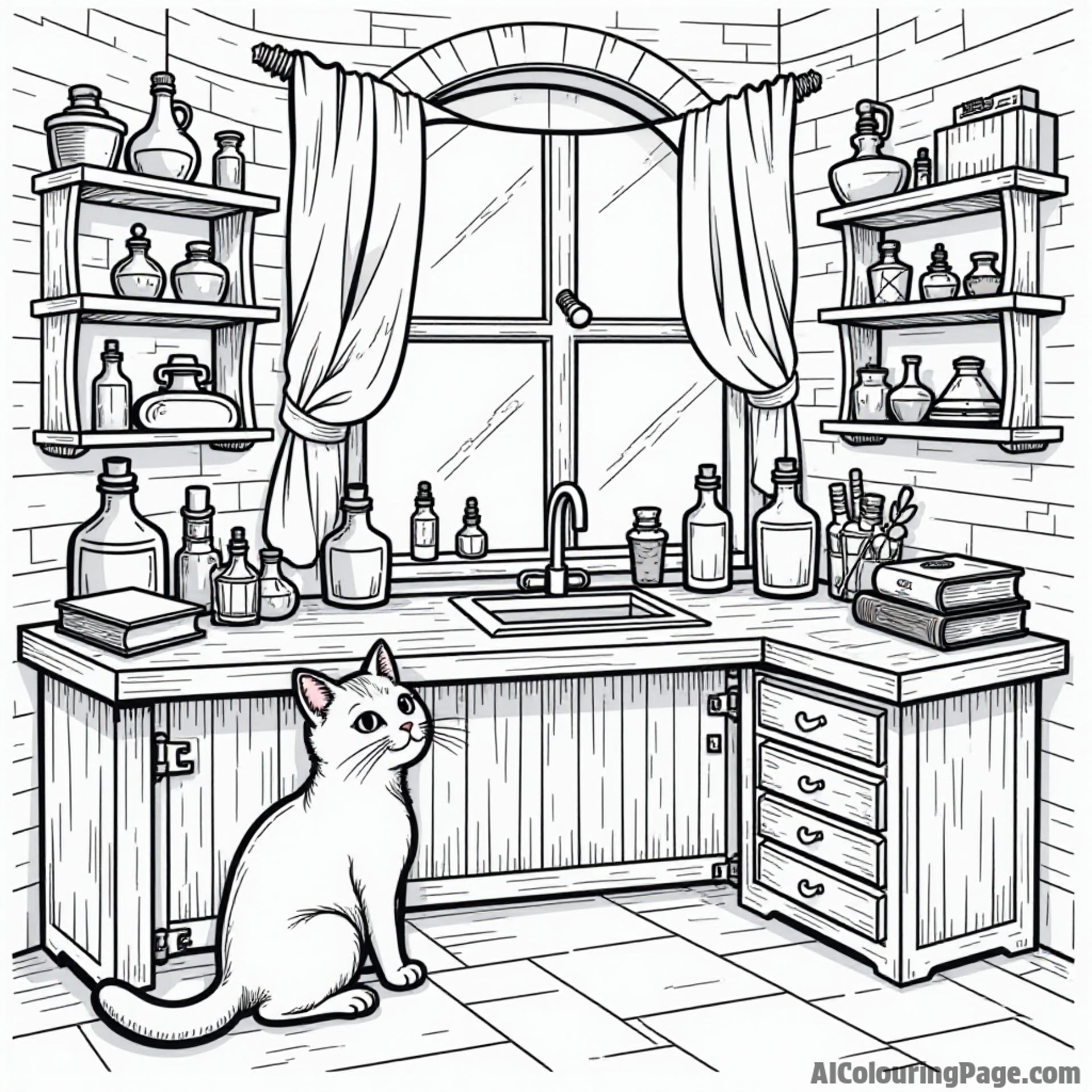 A wizard's workshop filled with potion bottles, spellbooks, and magical objects, with a cat looking curiously around.