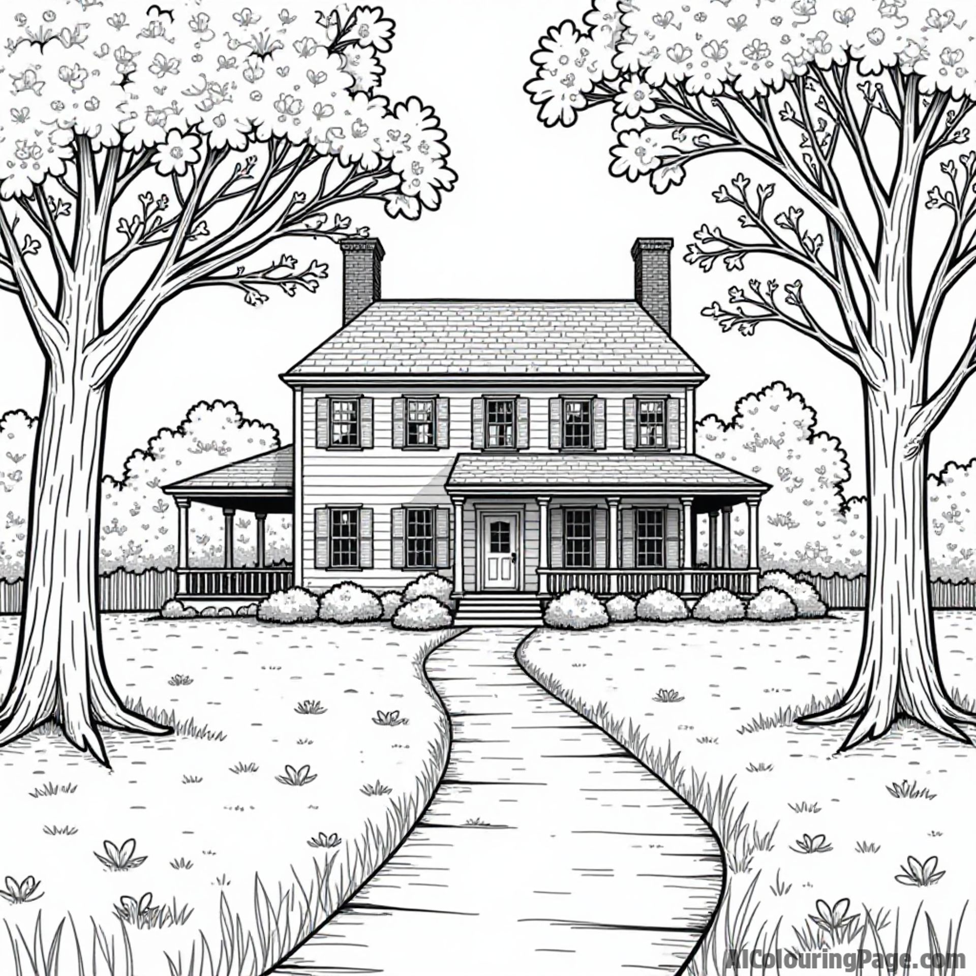 A historic Virginia plantation house, with a winding path and blooming cherry blossoms, inviting kids to color their imagination.