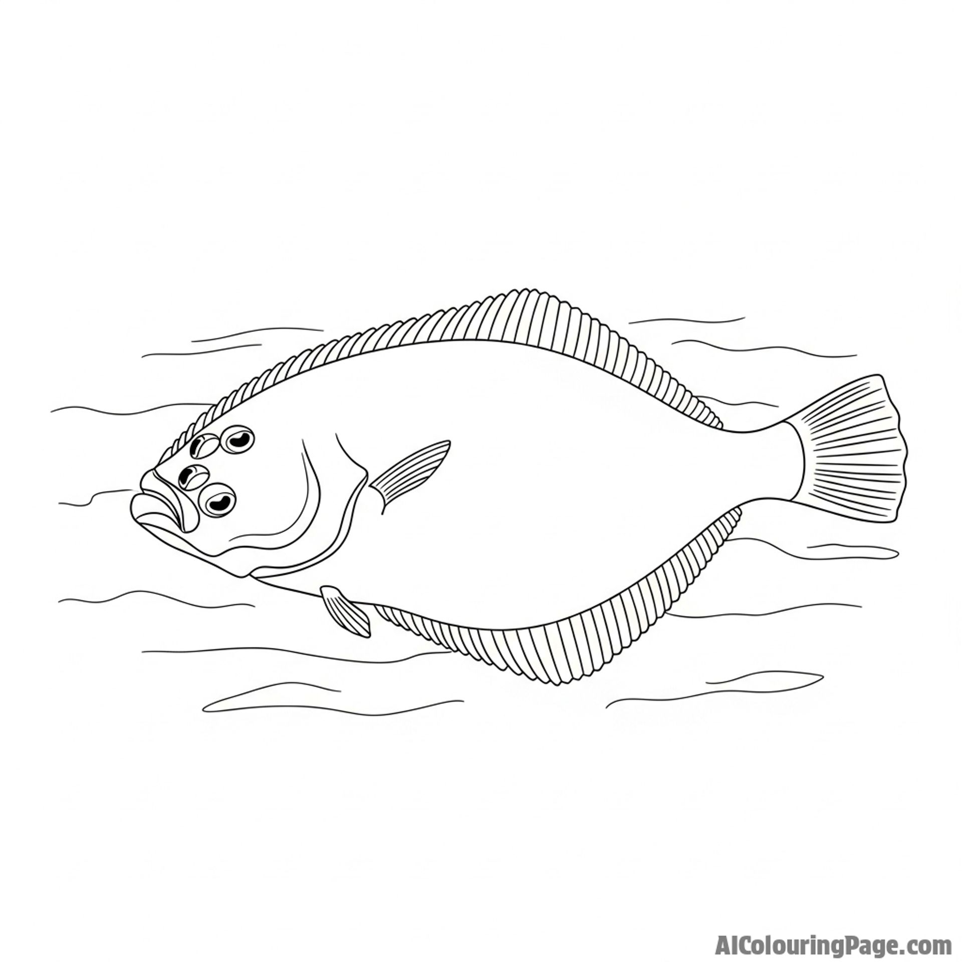 A flat-faced flounder lying on the sandy ocean floor, its eyes on one side of its head.