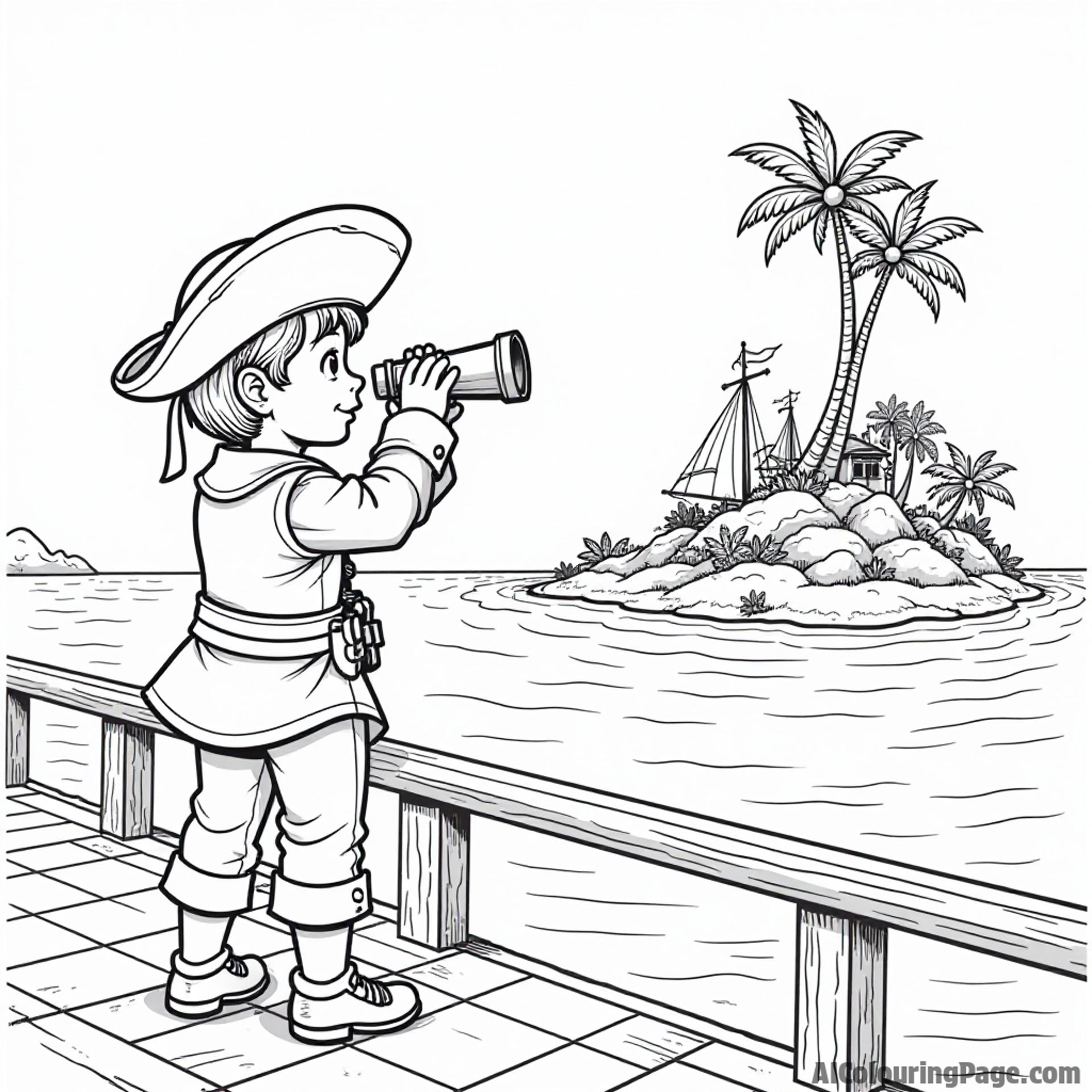 A young pirate wearing an explorer hat, standing on a ship, gazing through a telescope at an island filled with treasure, for a swashbuckling coloring adventure page.