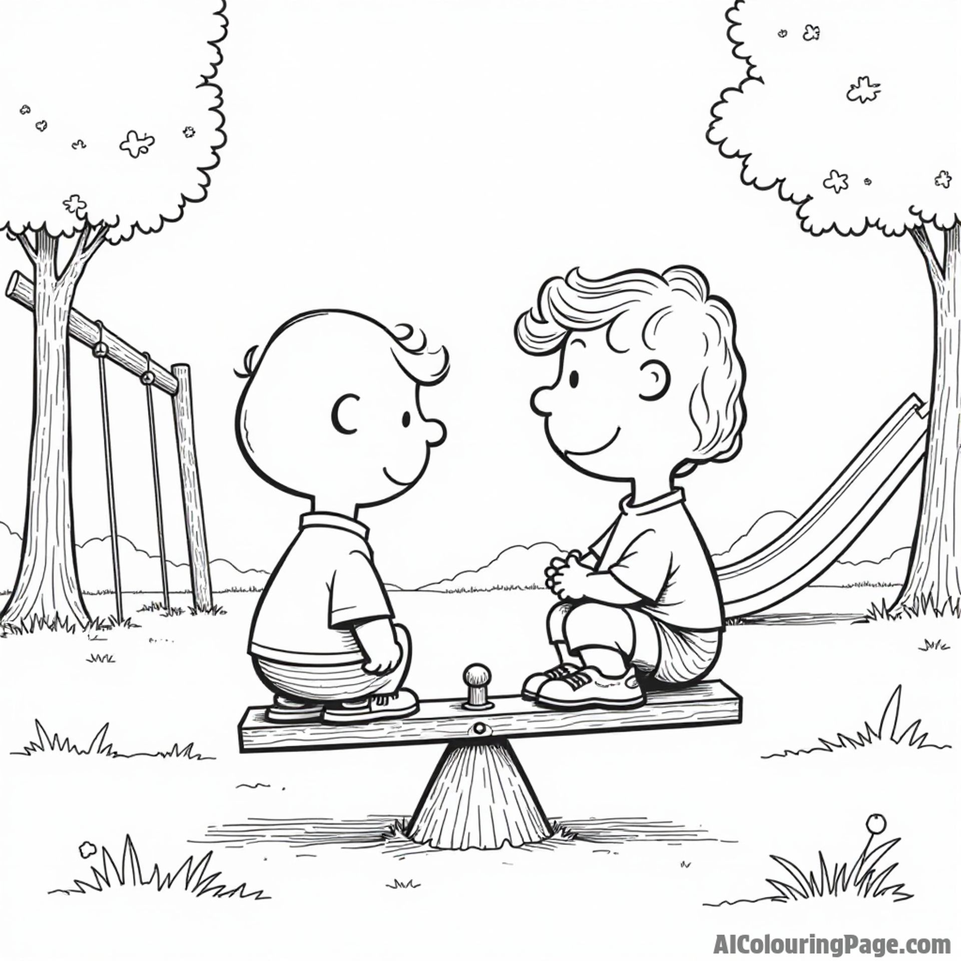 Linus and Lucy playing on a seesaw in a playground with swings and a slide in the background