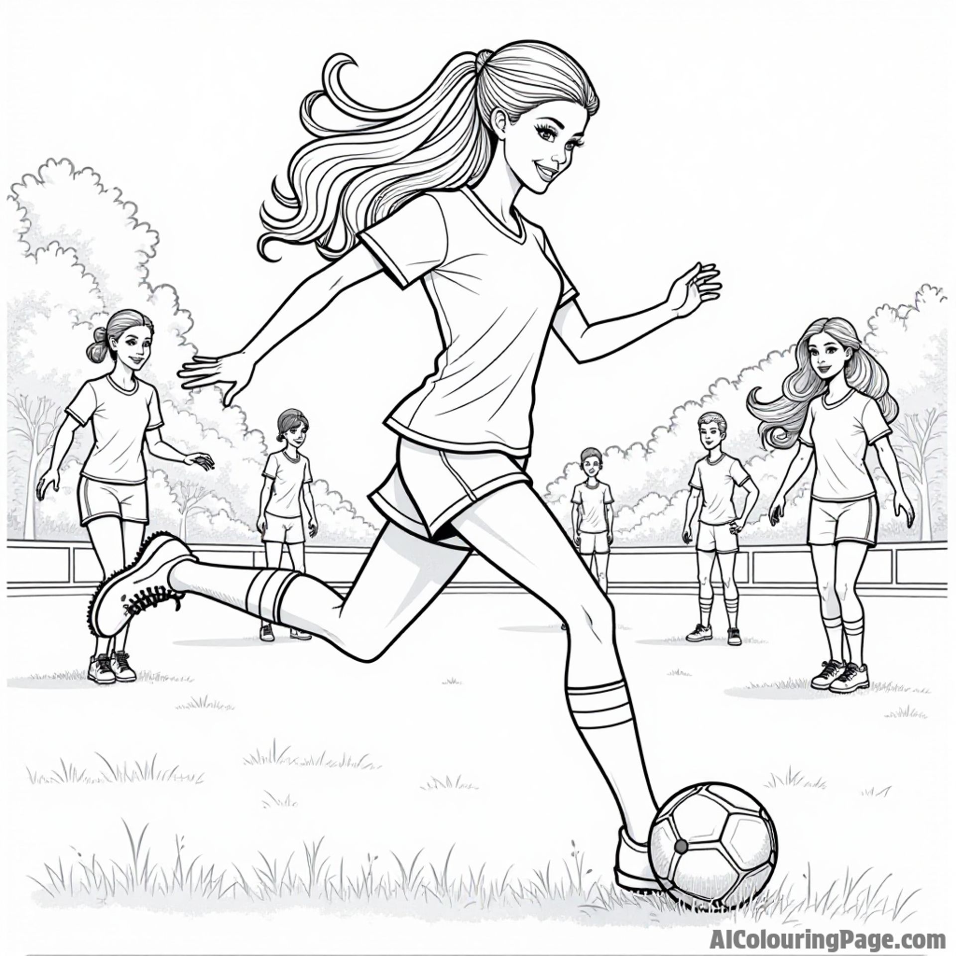 Barbie playing soccer on a field, kicking a ball with determination, wearing a sporty outfit and cheering friends around her.