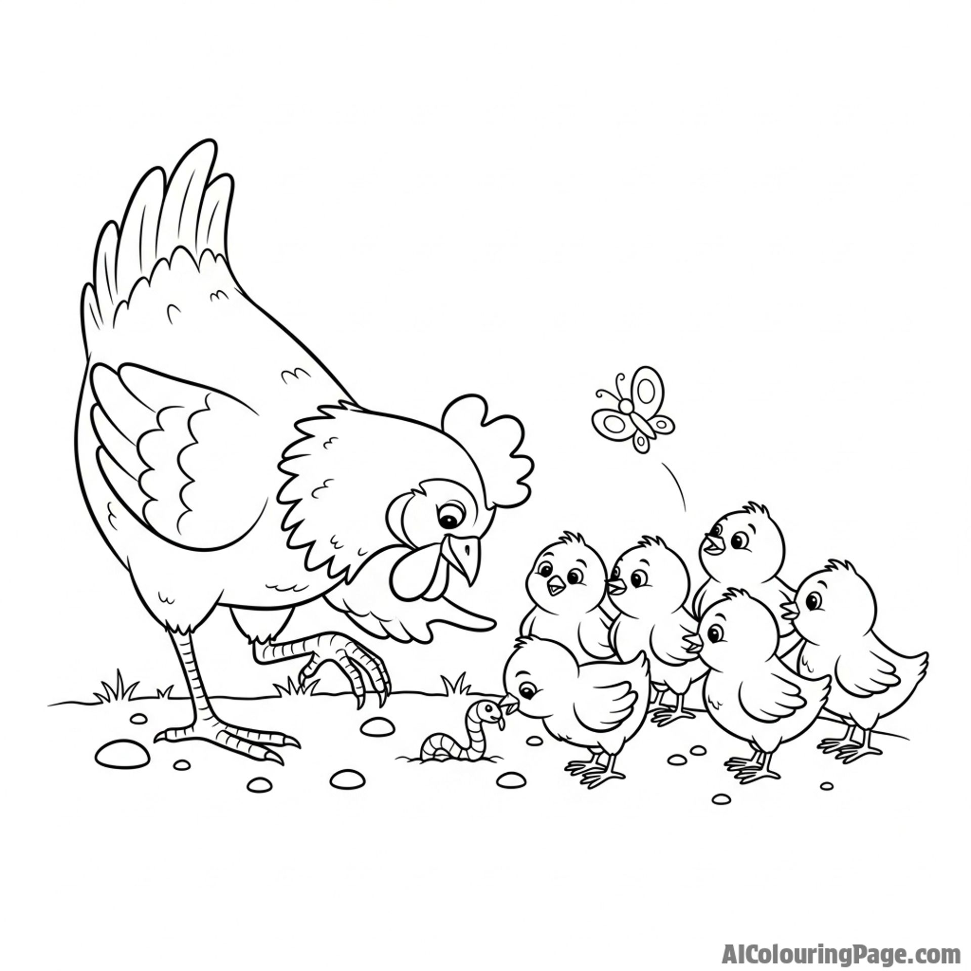 A hen teaching her chicks how to find worms.