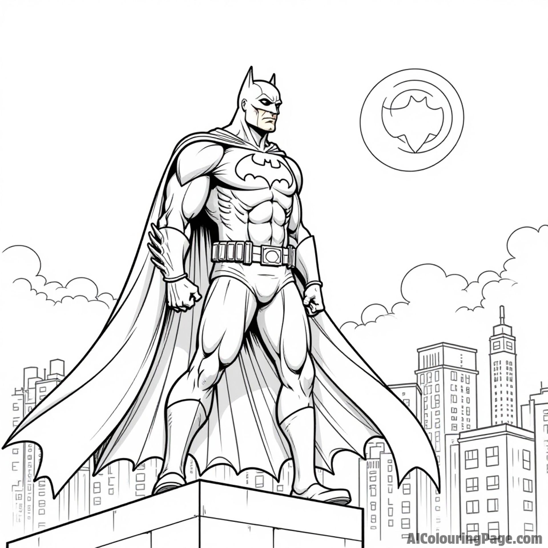 The Bat-Signal shining in the sky while Batman stands confidently on a rooftop with a determined expression.
