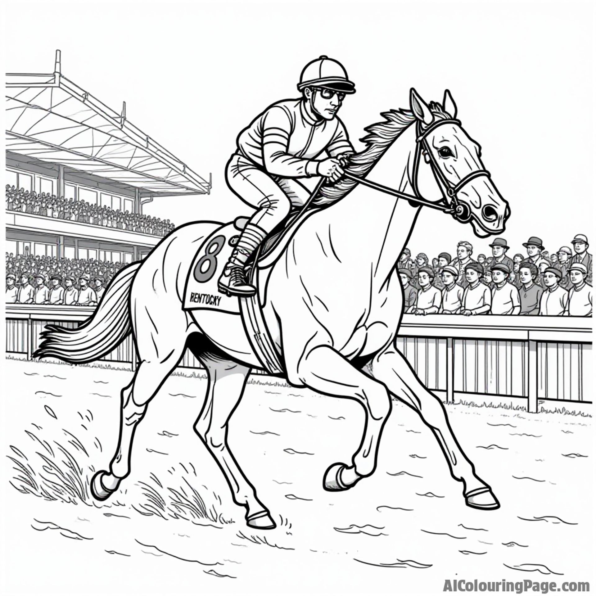 A traditional Kentucky Derby scene featuring a jockey riding a racehorse, with spectators cheering in the background.