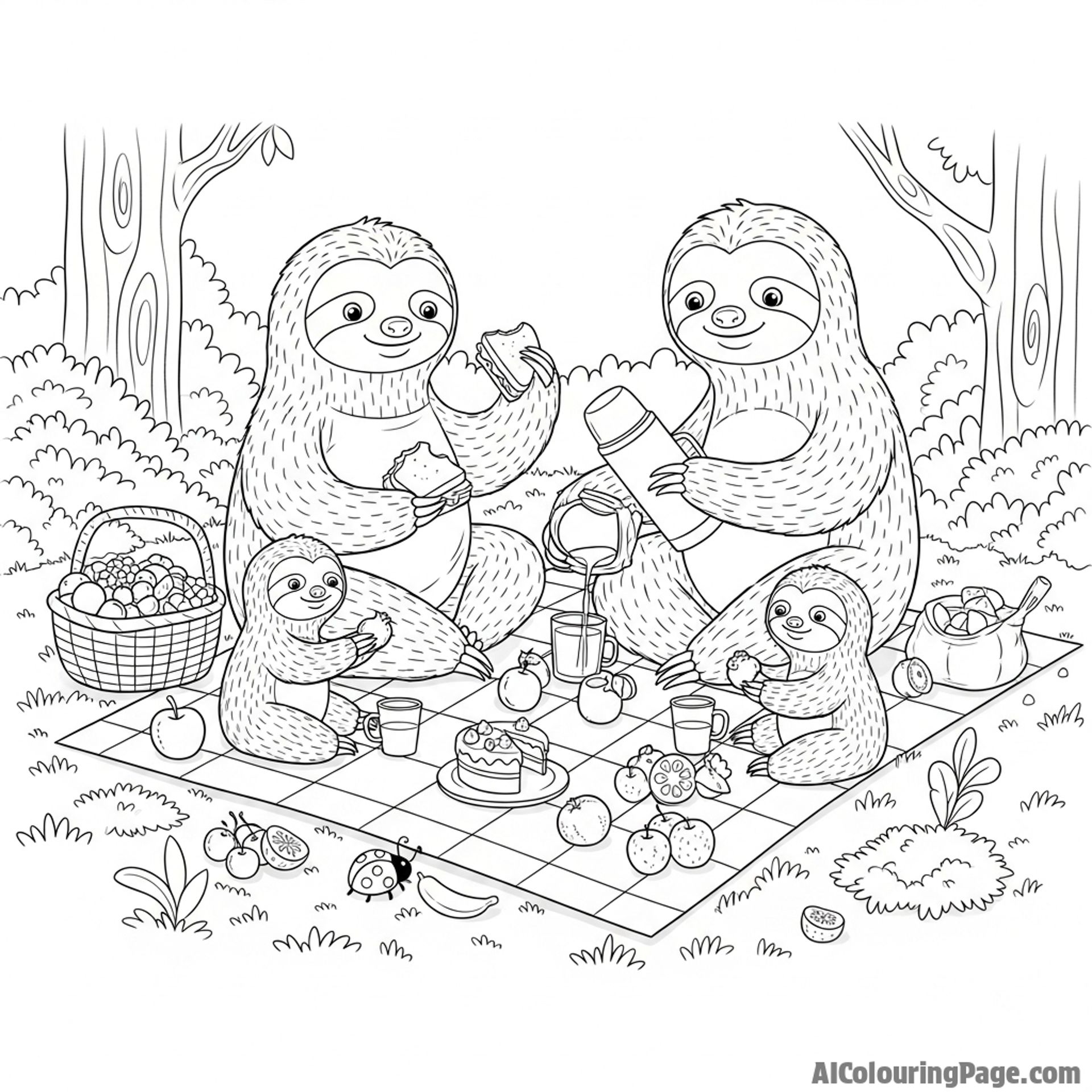 A family of sloths having a picnic on a mossy clearing.