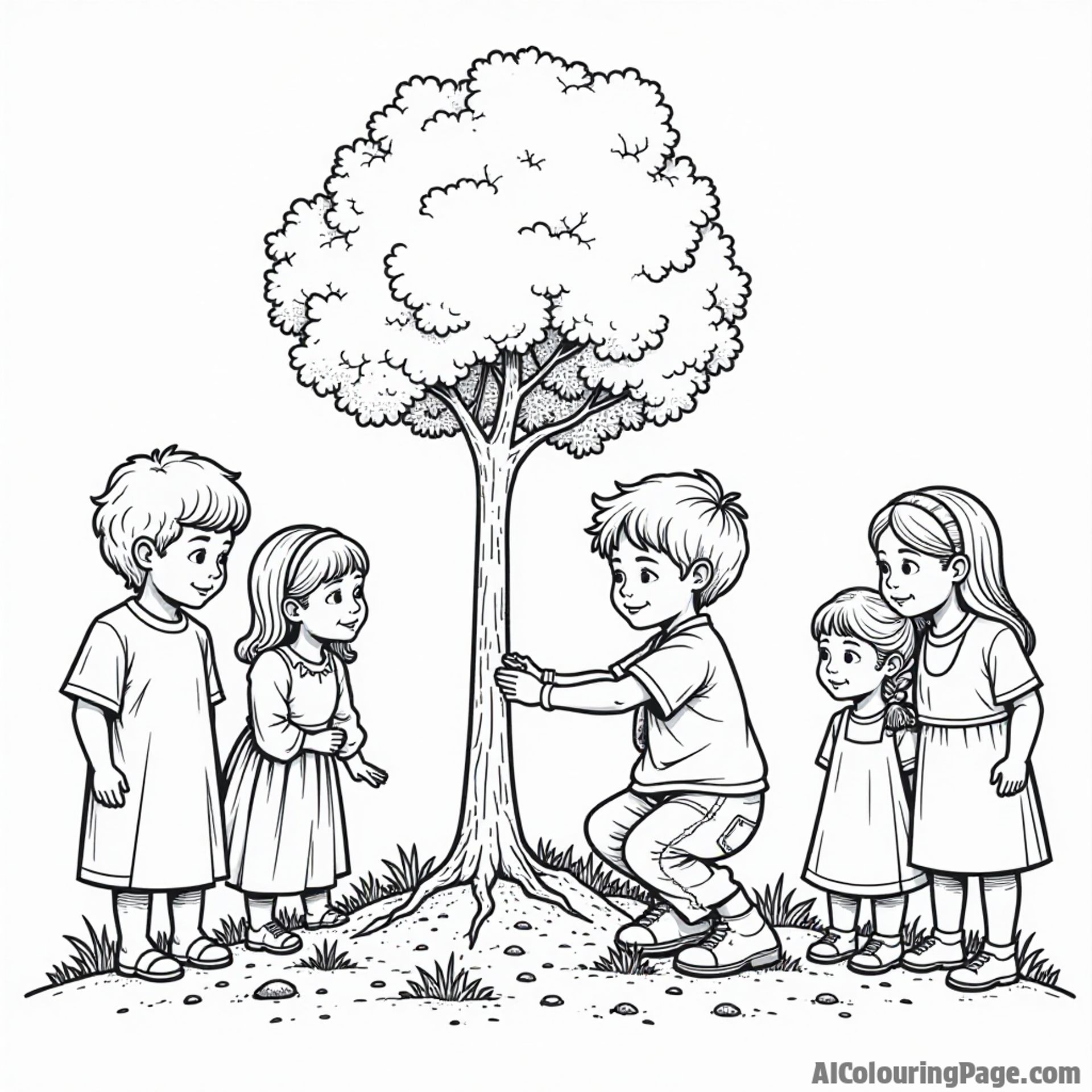 A young child planting a tree, symbolizing growth and heritage, with diverse community members around, emphasizing the importance of nature and family, illustrated for a black and white coloring page.