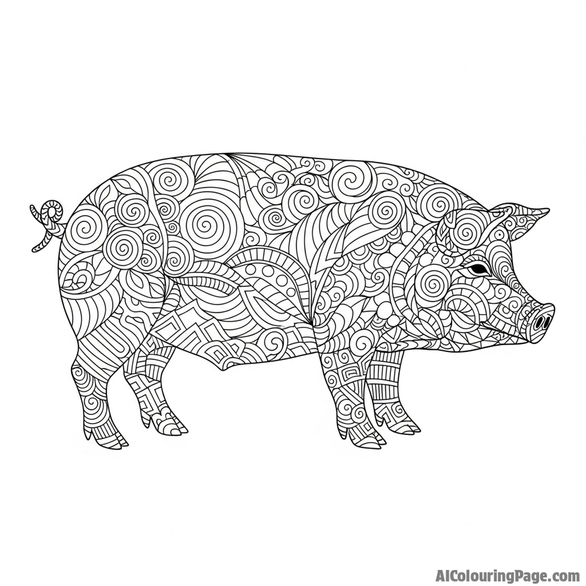 A pig made entirely of swirling, intricate patterns, Zentangle style.