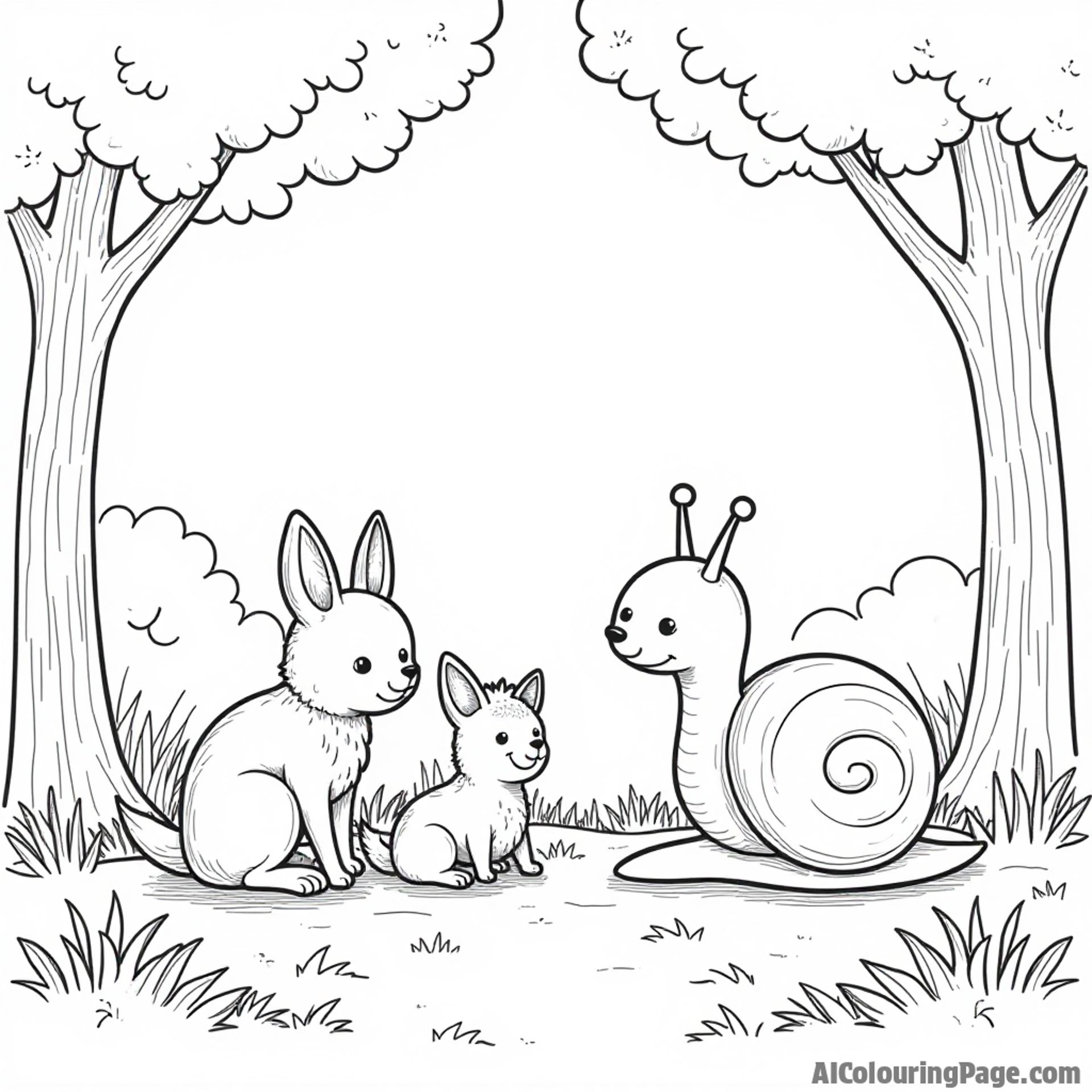 A snail enjoying storytime with woodland creatures, surrounded by trees and soft grass in a cozy setting for kids.