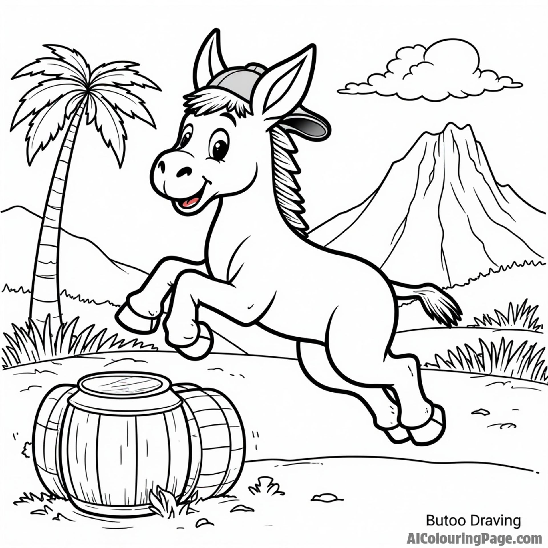 A playful donkey wearing a red cap, jumping over barrels, with palm trees and a mountain in the distance