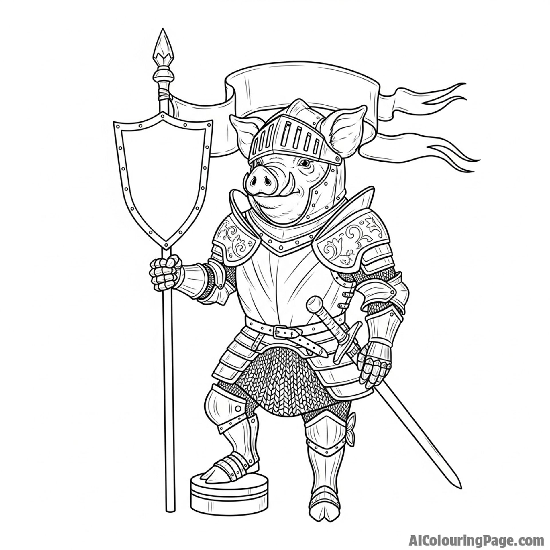 A heroic pig knight in intricately detailed plate armor, holding a banner.