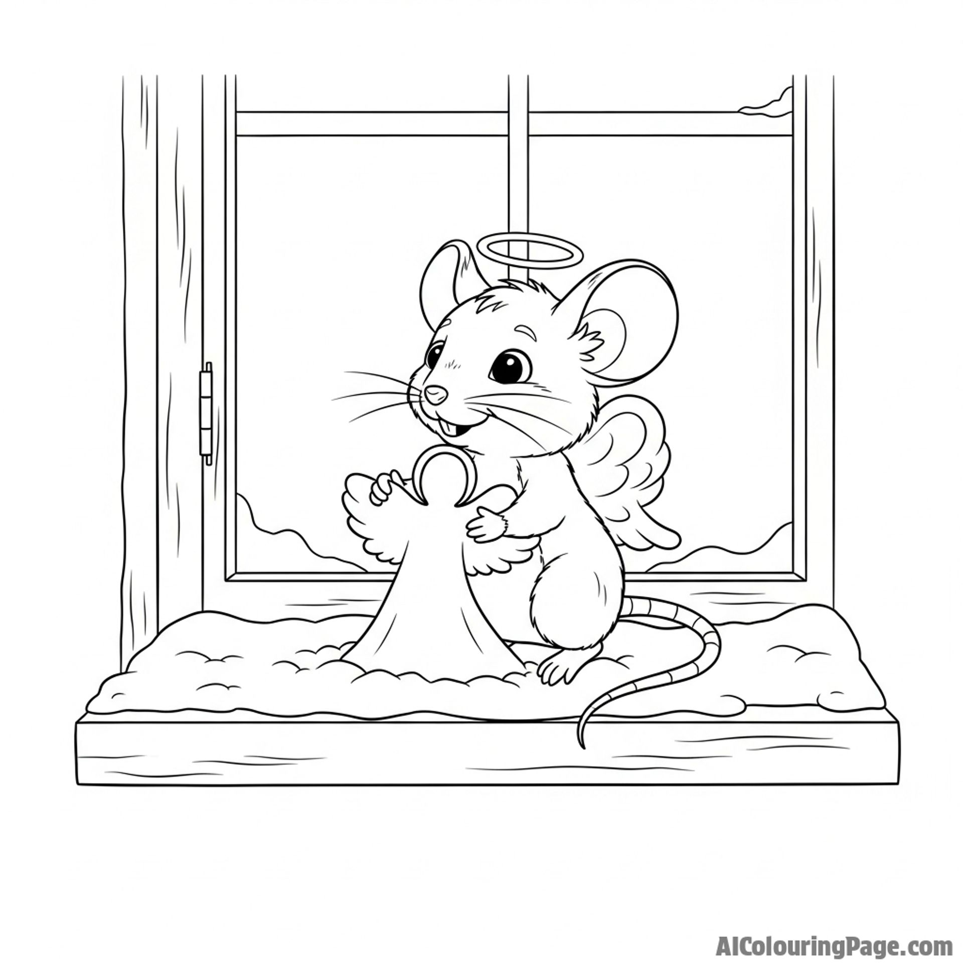 A mouse creating a tiny angel shape in a dusting of freshly fallen snow on a windowsill.