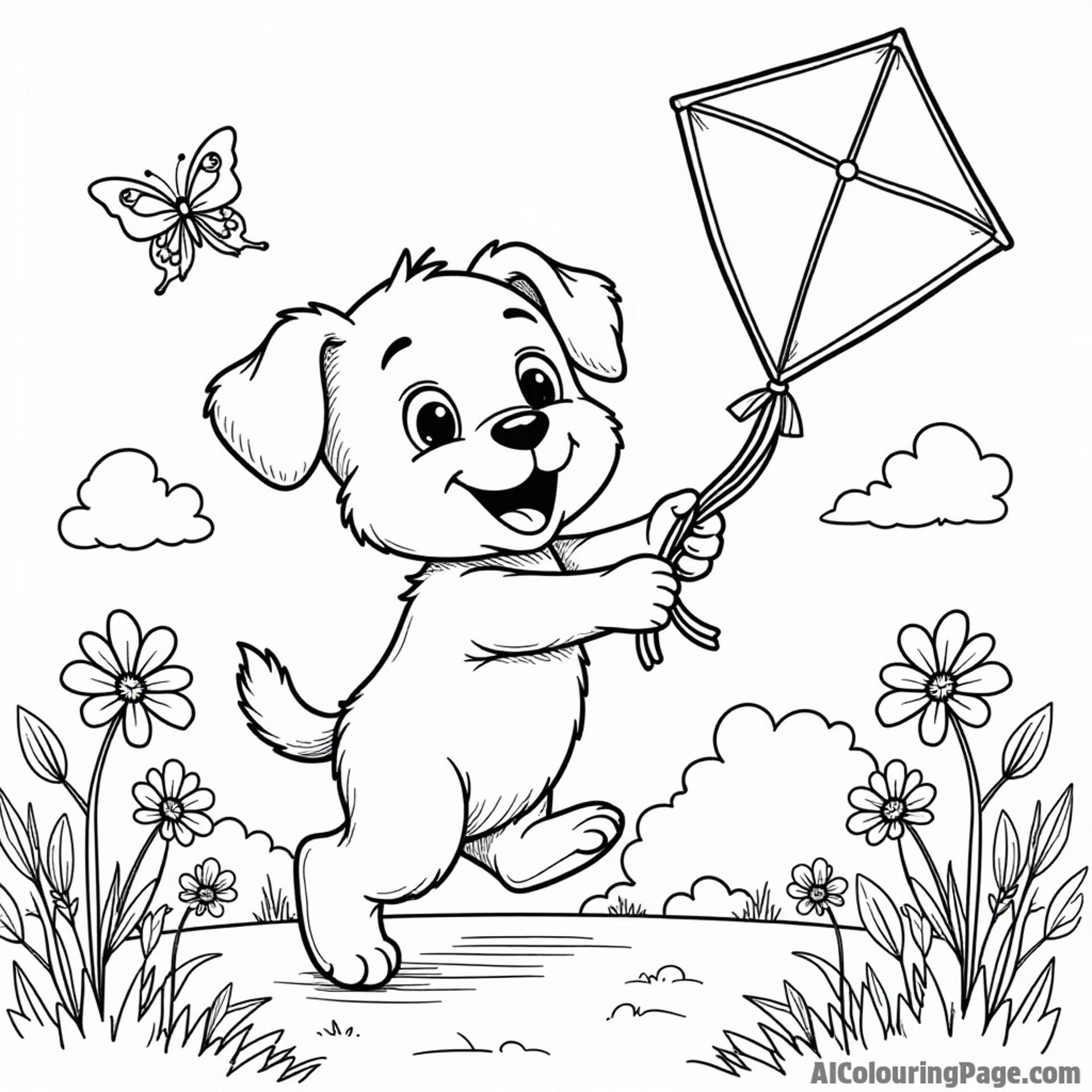 A playful puppy flying a colorful kite in a sunny park, with flowers and butterflies fluttering around joyfully.