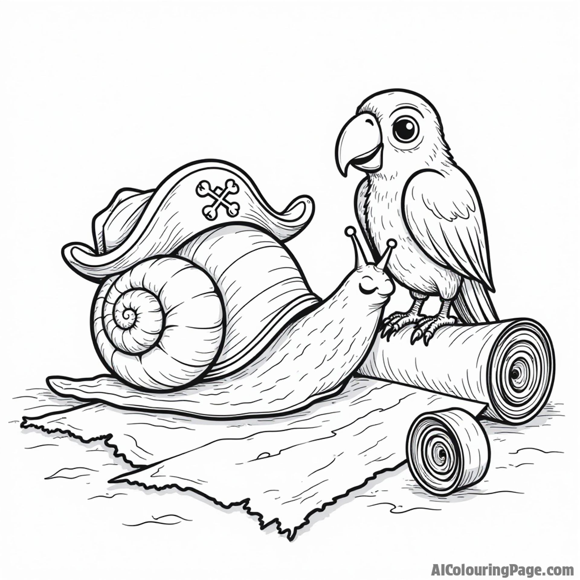 A snail exploring a treasure map, with a pirate hat on and a parrot perched nearby in a whimsical adventure.