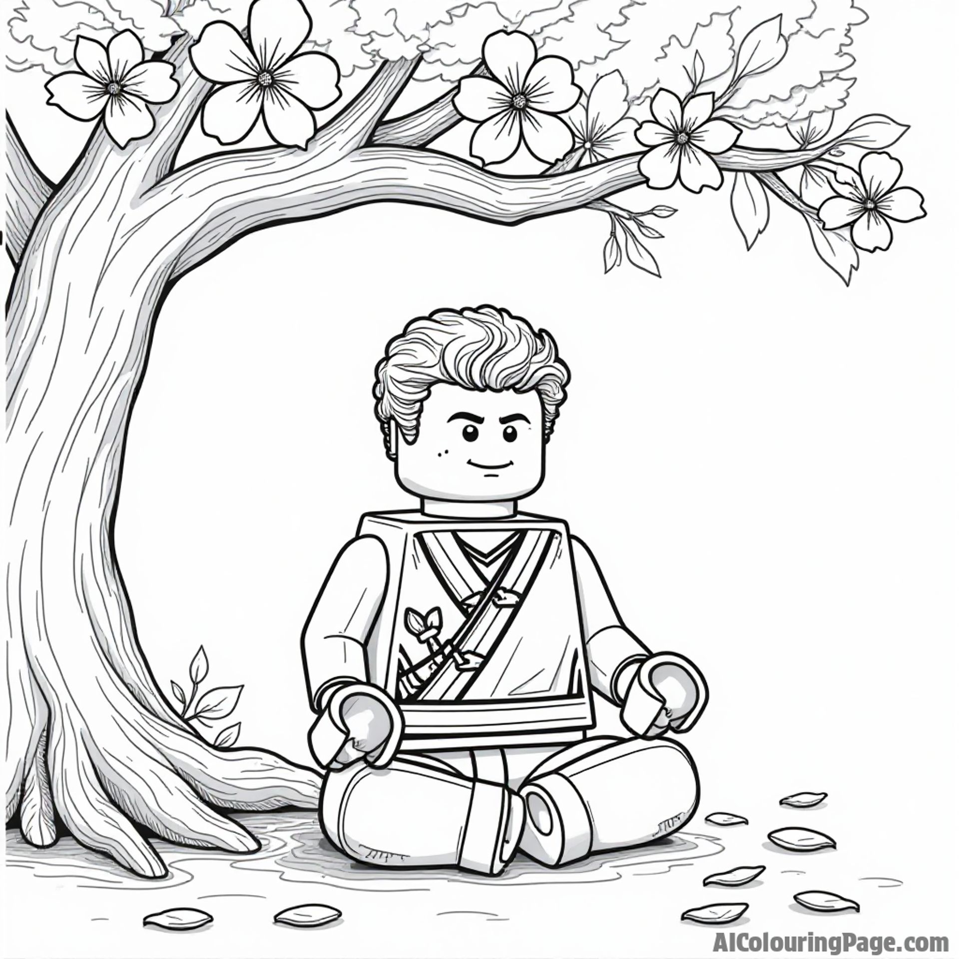 A Lego Ninjago character meditating under a cherry blossom tree, with petals falling around, creating a peaceful atmosphere for a serene black and white coloring book illustration.