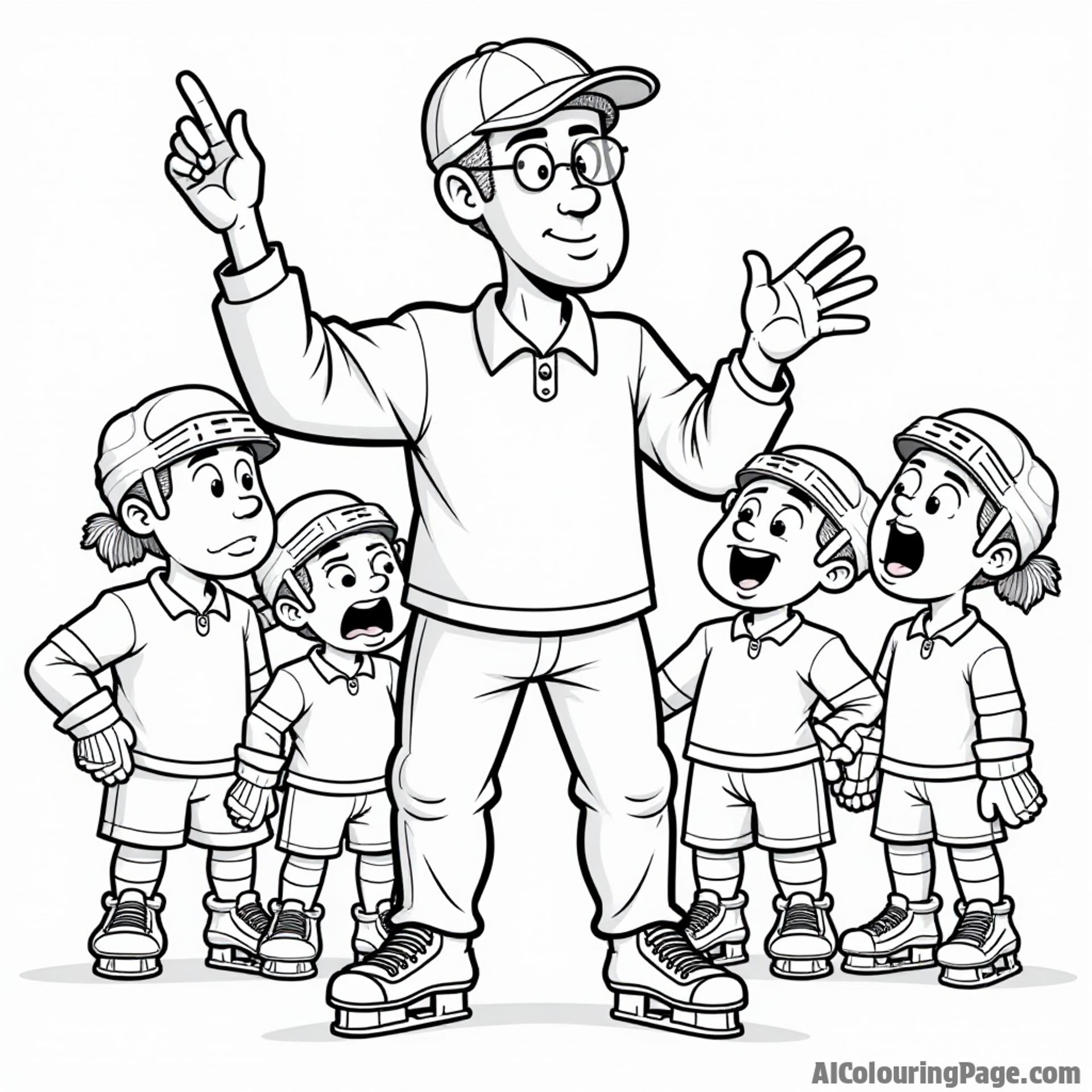 A fun caricature of a hockey referee giving a penalty call, surrounded by animated players looking surprised, all for kids to color.