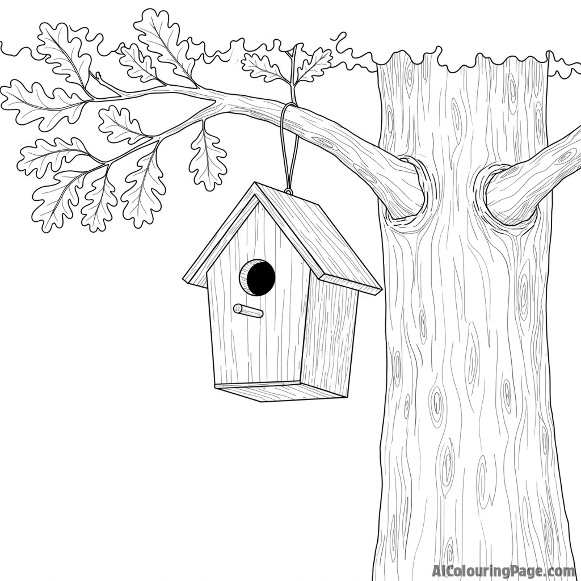 A birdhouse hanging from a sturdy oak tree, awaiting its first residents.