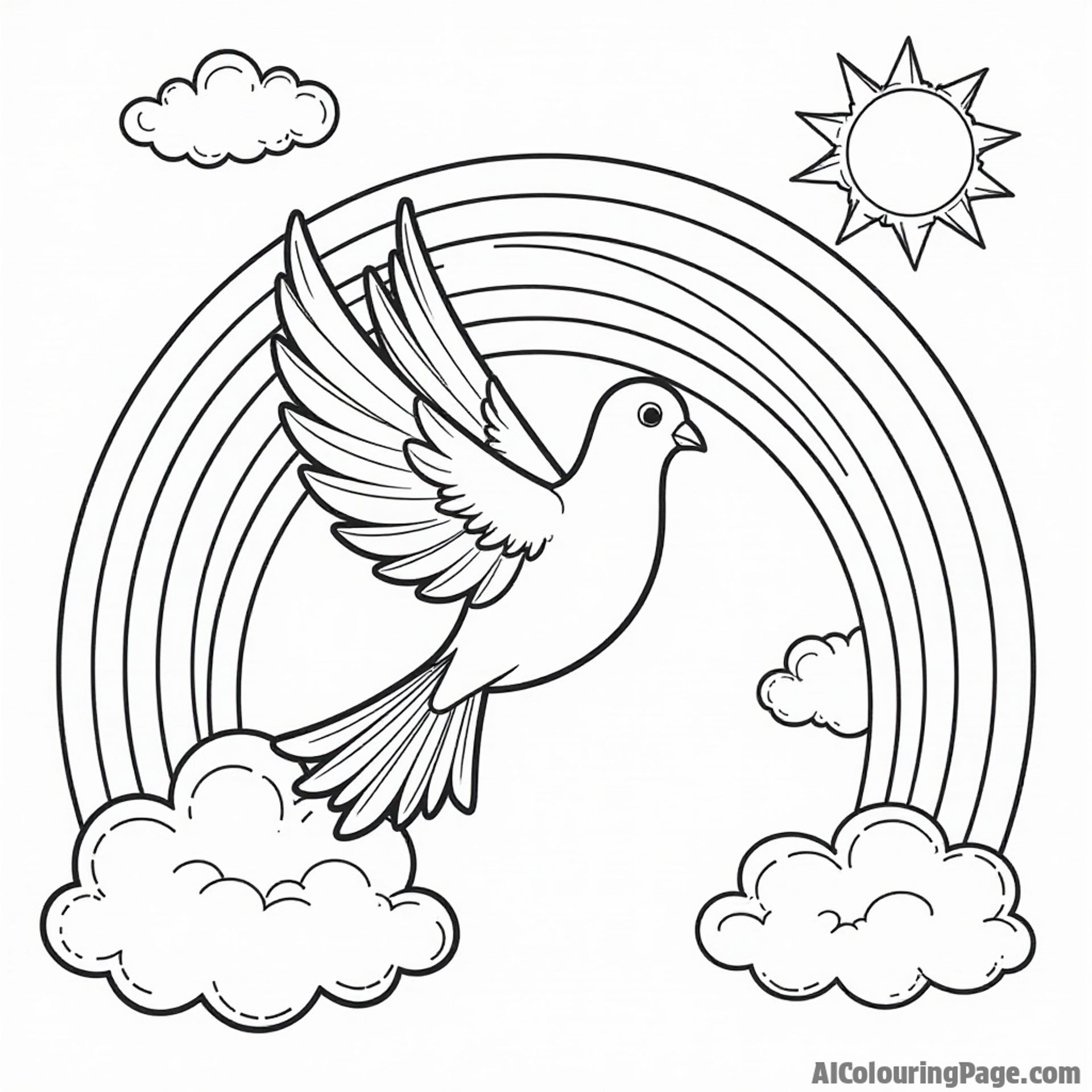 A dove flying through a rainbow in a bright sky, with fluffy clouds and a sun smiling down for kids to color.