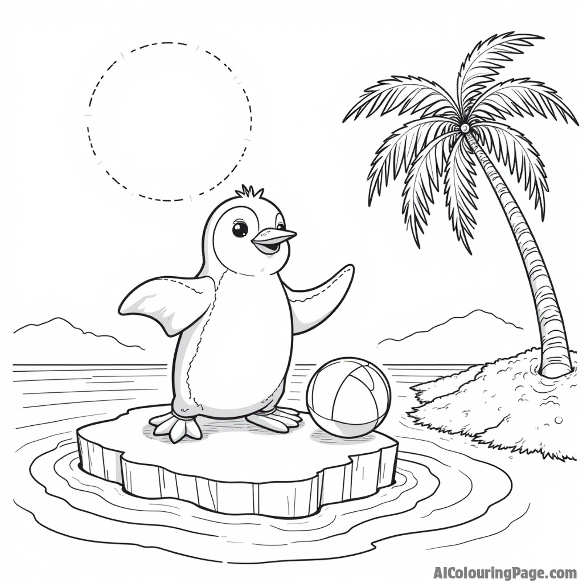A penguin playing with a beach ball on a sunny iceberg, with palm trees swaying gently in the background.