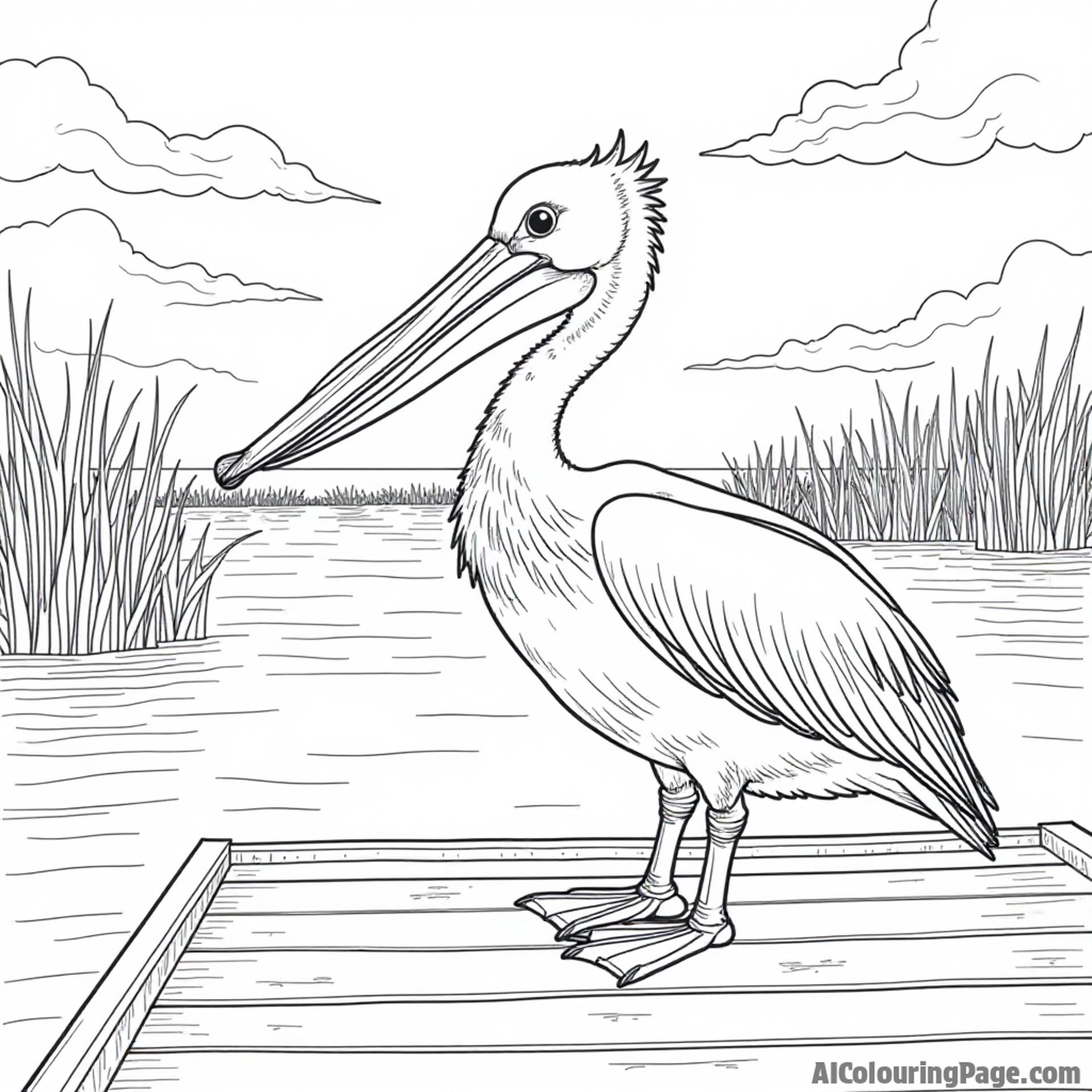 A playful pelican standing on a wooden dock by the bayou, with fishing nets and a sunset in the background.