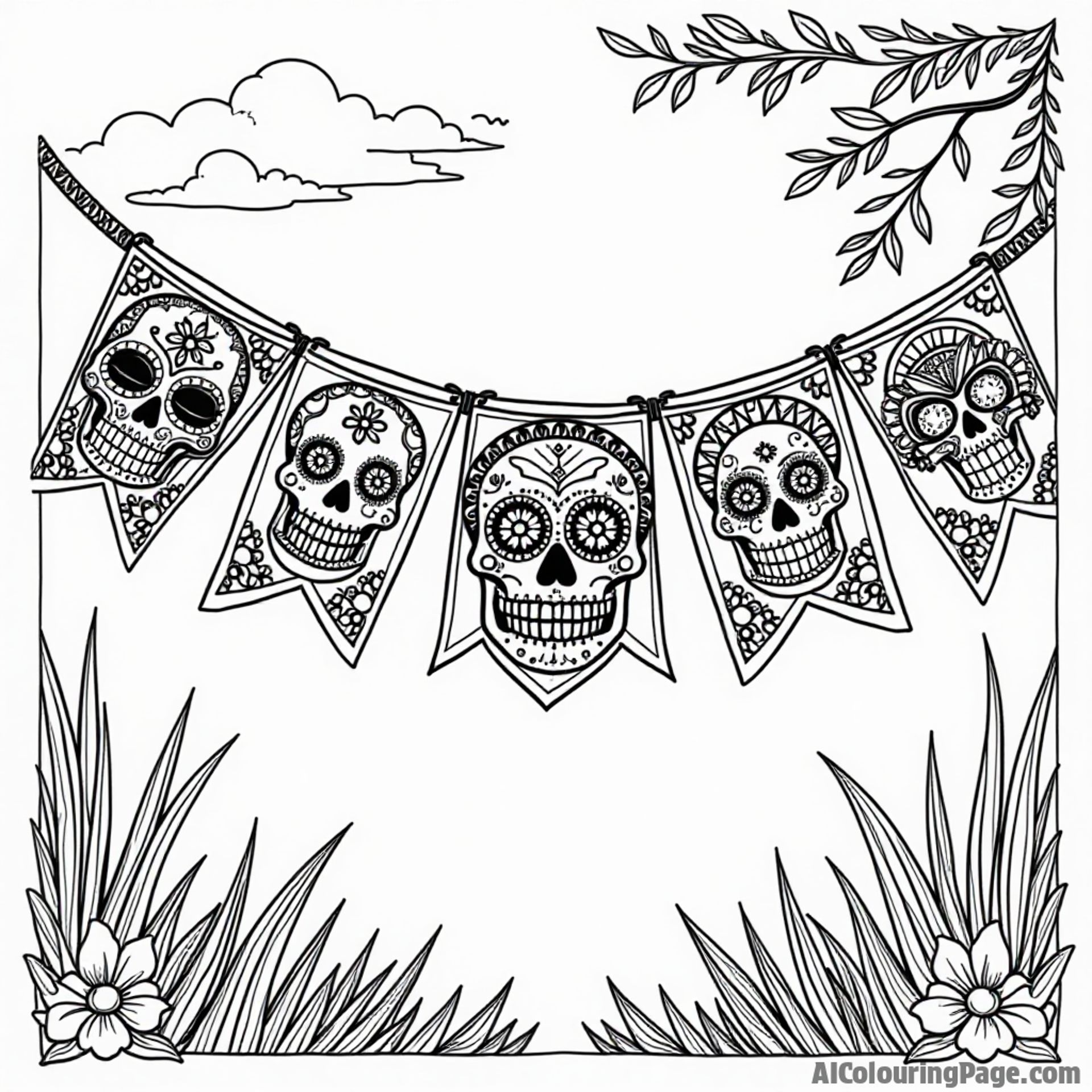 A colorful papel picado banner fluttering in the wind, featuring Day of the Dead symbols, inviting children to color in the details while learning about this vibrant tradition.