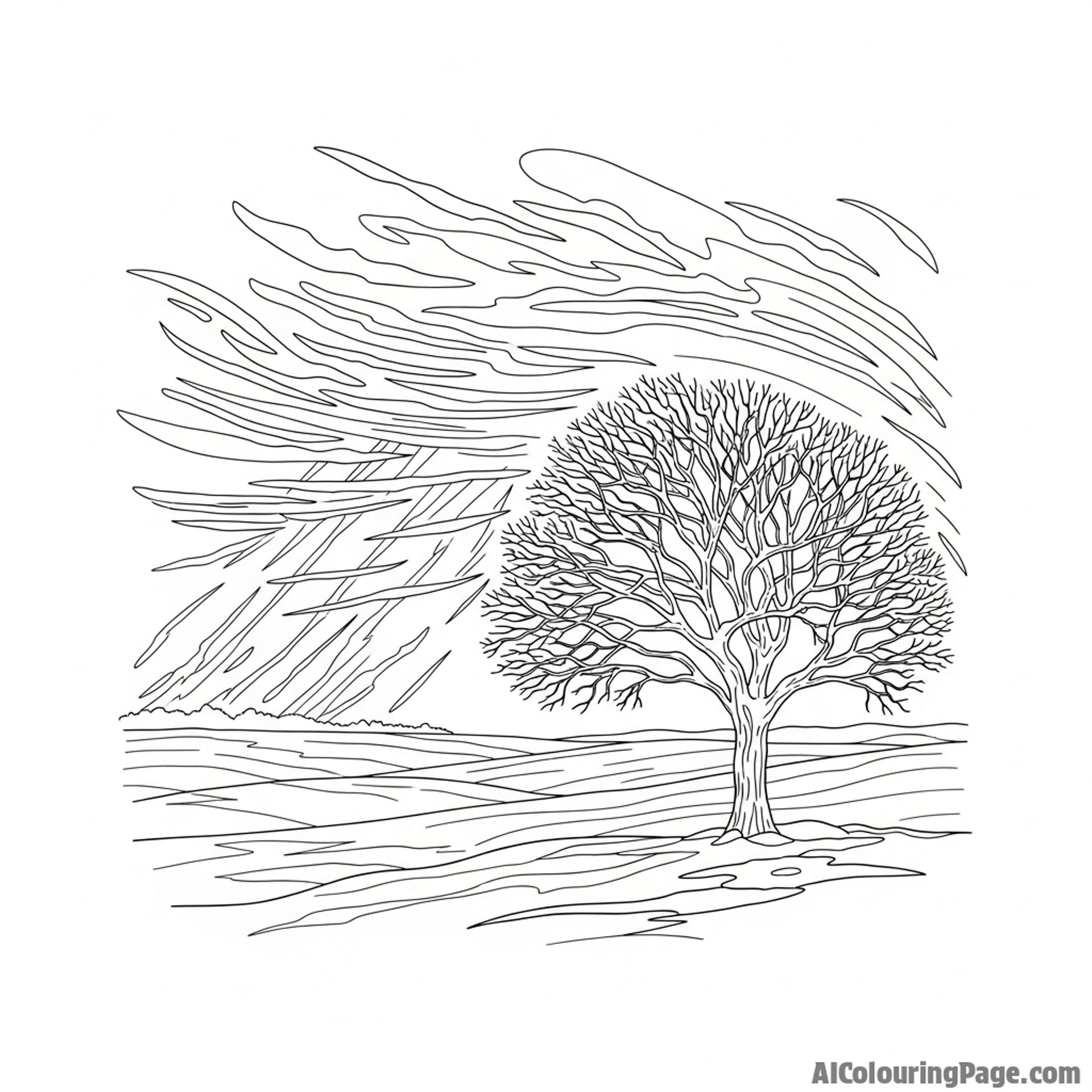 Winter storm raging over a windswept plain, silhouette of a lone tree.