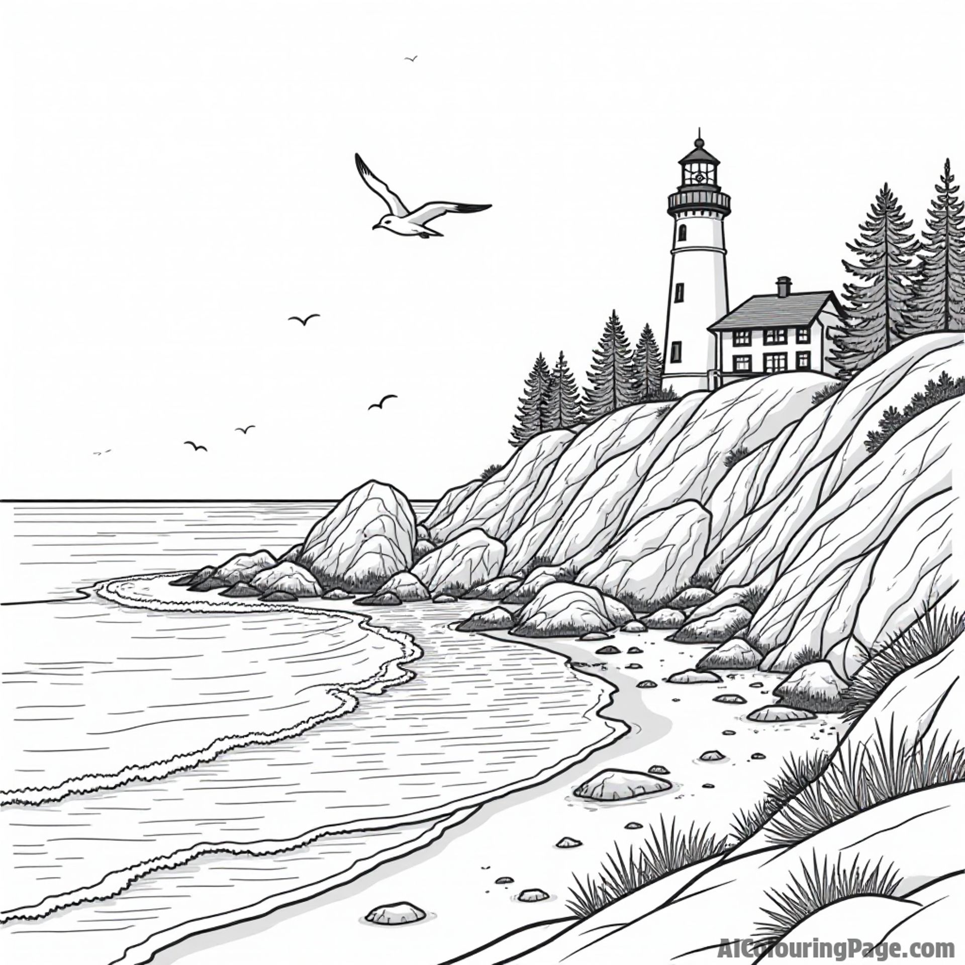 A majestic Oregon coastline with a lighthouse, seagulls flying above, and waves crashing against the rocky shore, United States coloring pages.