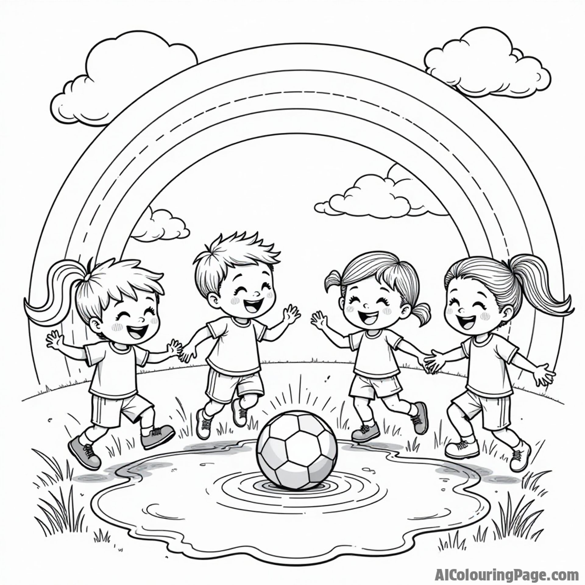 A soccer ball splashing into a puddle, with kids laughing and jumping around, a rainbow in the sky, all illustrated in black and white for a joyful coloring experience.