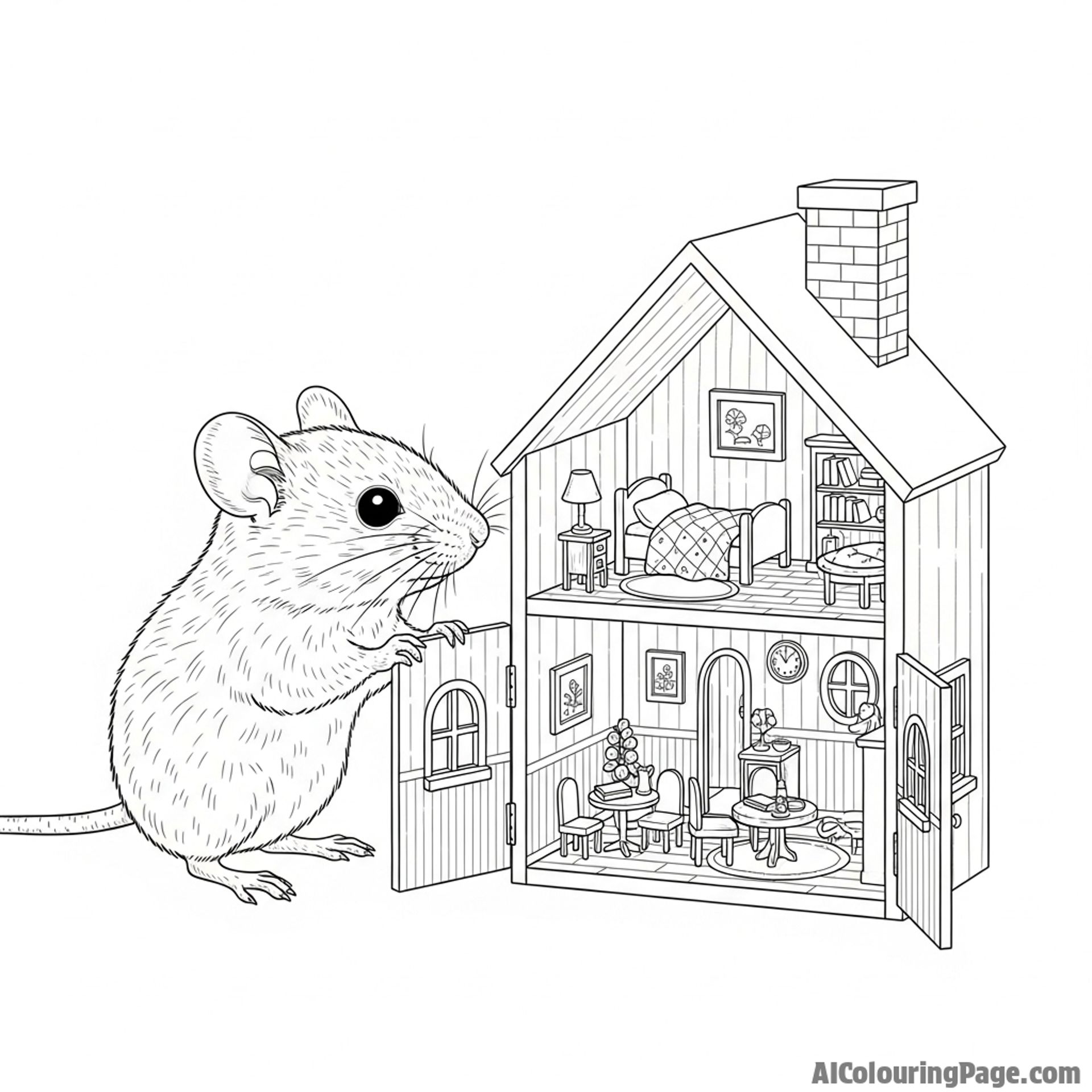 A mouse discovering a miniature, furnished dollhouse and looking inside with wonder.