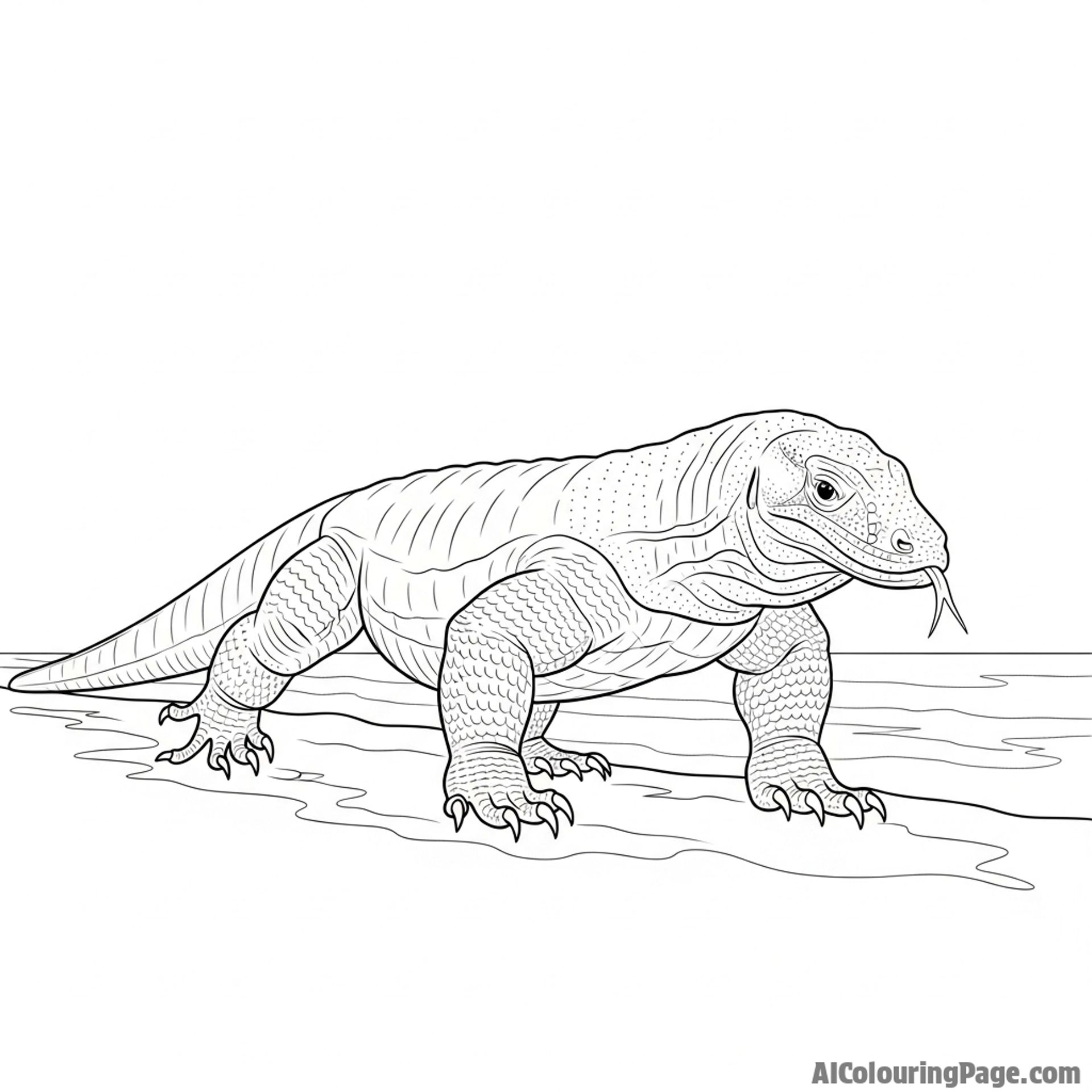 A majestic Komodo dragon walking along a shoreline, its powerful legs leaving tracks.