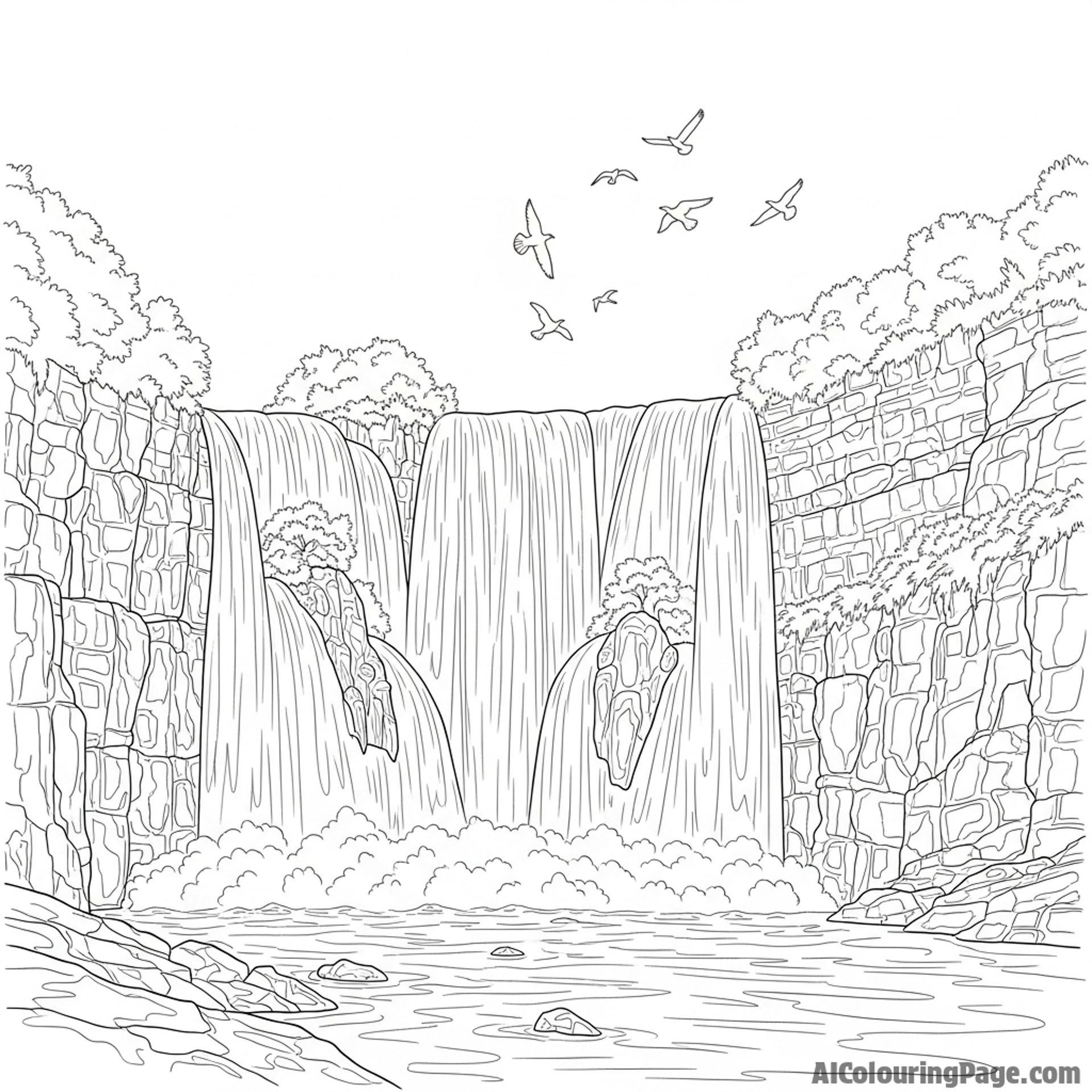 A waterfall with birds flying in the mist near the crest.