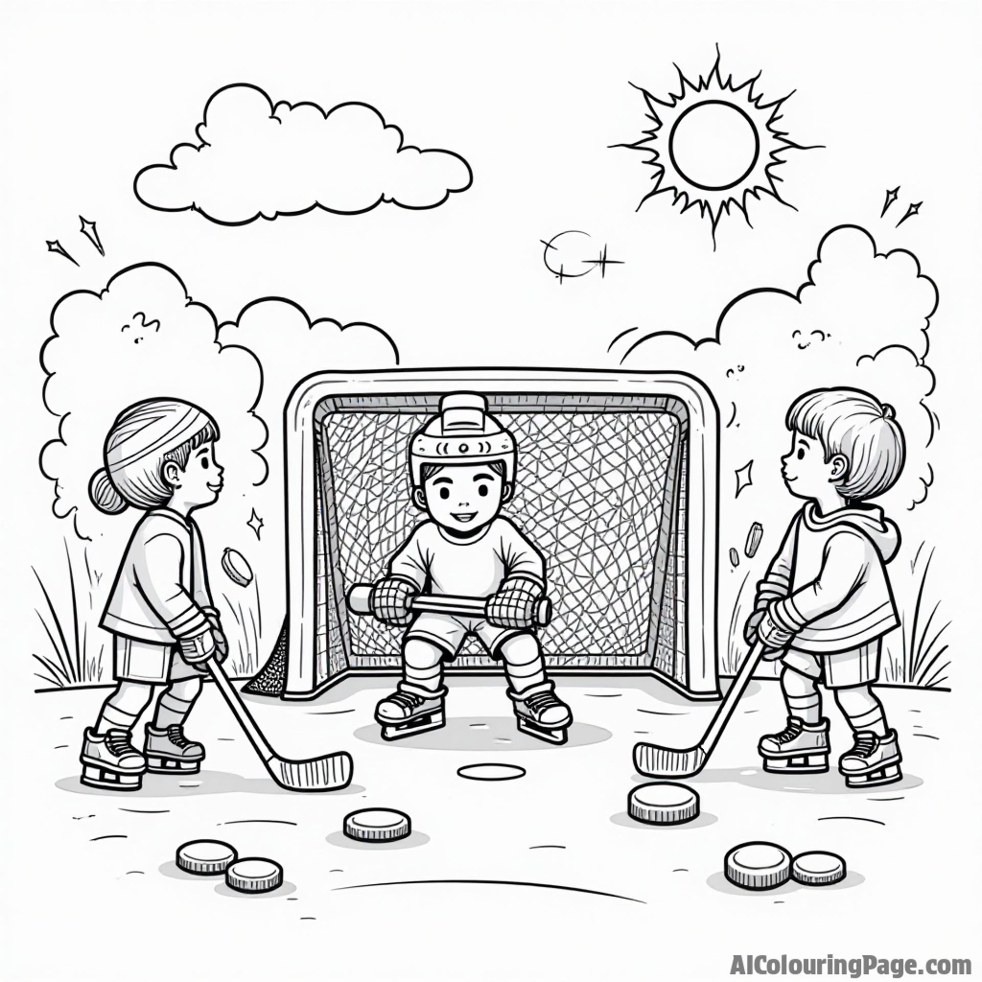 A hockey goal surrounded by colorful pucks and sticks, with a bright sun shining above and kids eagerly waiting to play the game.